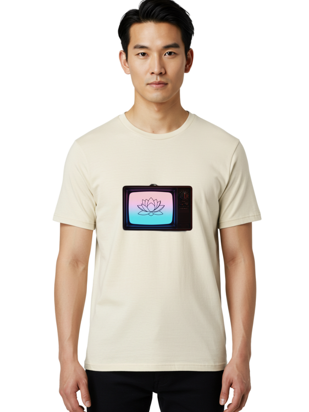 Lotus-On-Retro-Tv Men'S Graphic Tee, 100% Cotton, Comfortable Casual Summer Wear, Machine Washable, Vintage Camera, Old Camera, Antique Camera, Black Camera, Classic Photography, Photography Equipment, Nostalgic Device, Film Camera, Camera Art Bak844