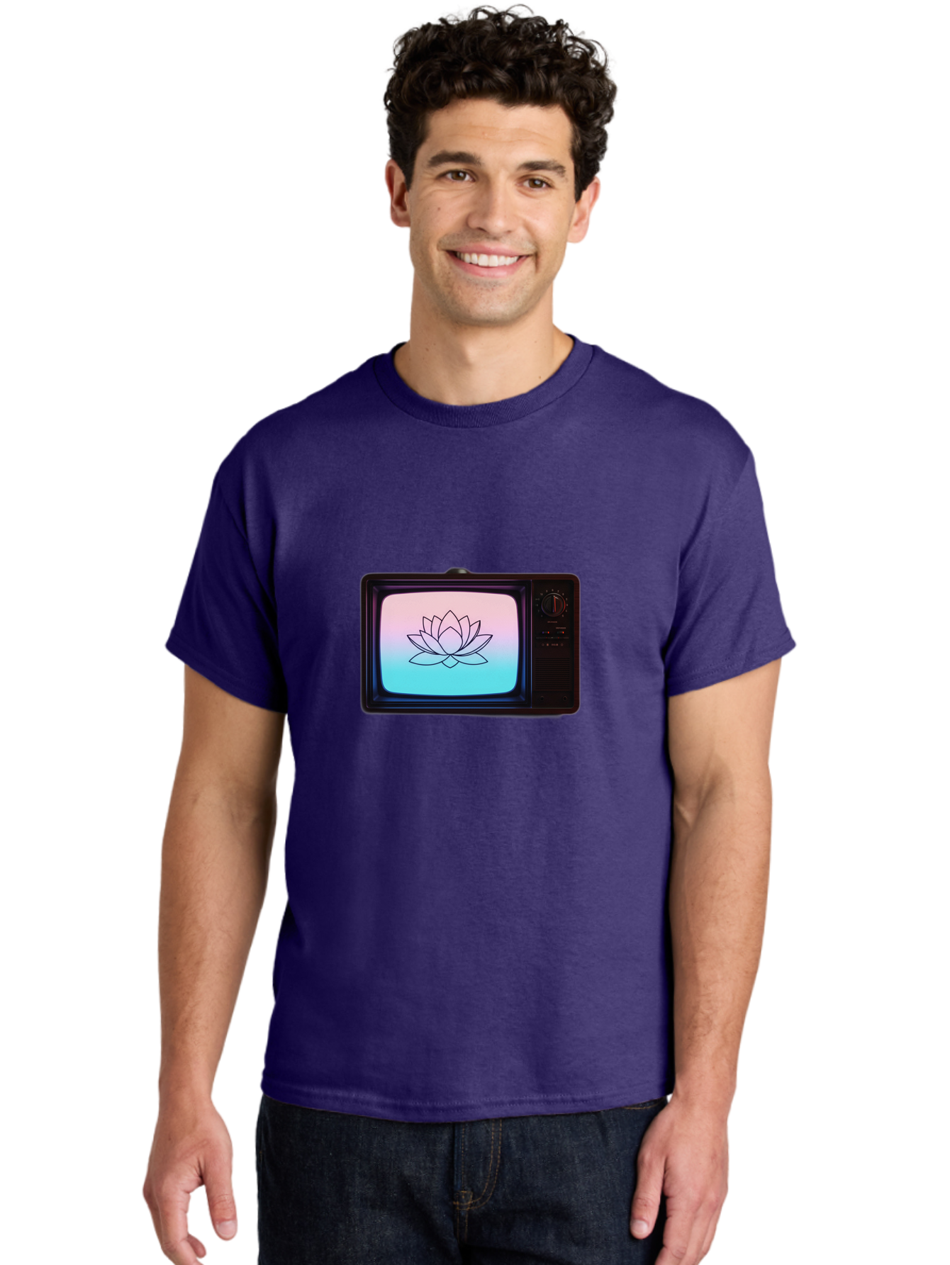 Lotus-On-Retro-Tv Men'S Graphic Tee, 100% Cotton, Comfortable Casual Summer Wear, Machine Washable, Vintage Camera, Old Camera, Antique Camera, Black Camera, Classic Photography, Photography Equipment, Nostalgic Device, Film Camera, Camera Art Bak844