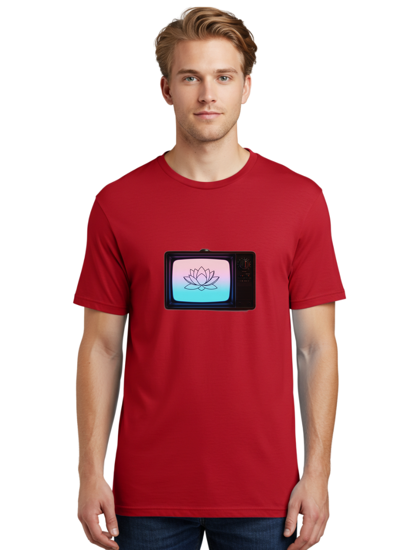 Lotus-On-Retro-Tv Men'S Graphic Tee, 100% Cotton, Comfortable Casual Summer Wear, Machine Washable, Vintage Camera, Old Camera, Antique Camera, Black Camera, Classic Photography, Photography Equipment, Nostalgic Device, Film Camera, Camera Art Bak844