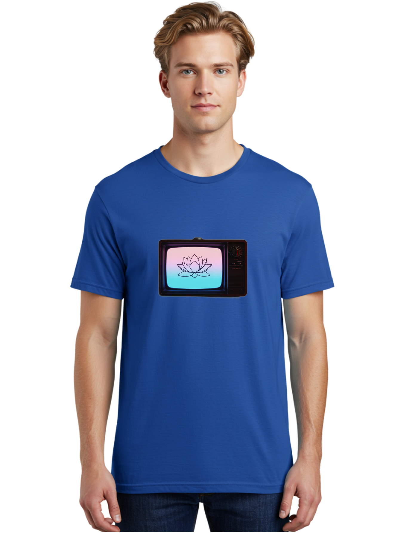 Lotus-On-Retro-Tv Men'S Graphic Tee, 100% Cotton, Comfortable Casual Summer Wear, Machine Washable, Vintage Camera, Old Camera, Antique Camera, Black Camera, Classic Photography, Photography Equipment, Nostalgic Device, Film Camera, Camera Art Bak844