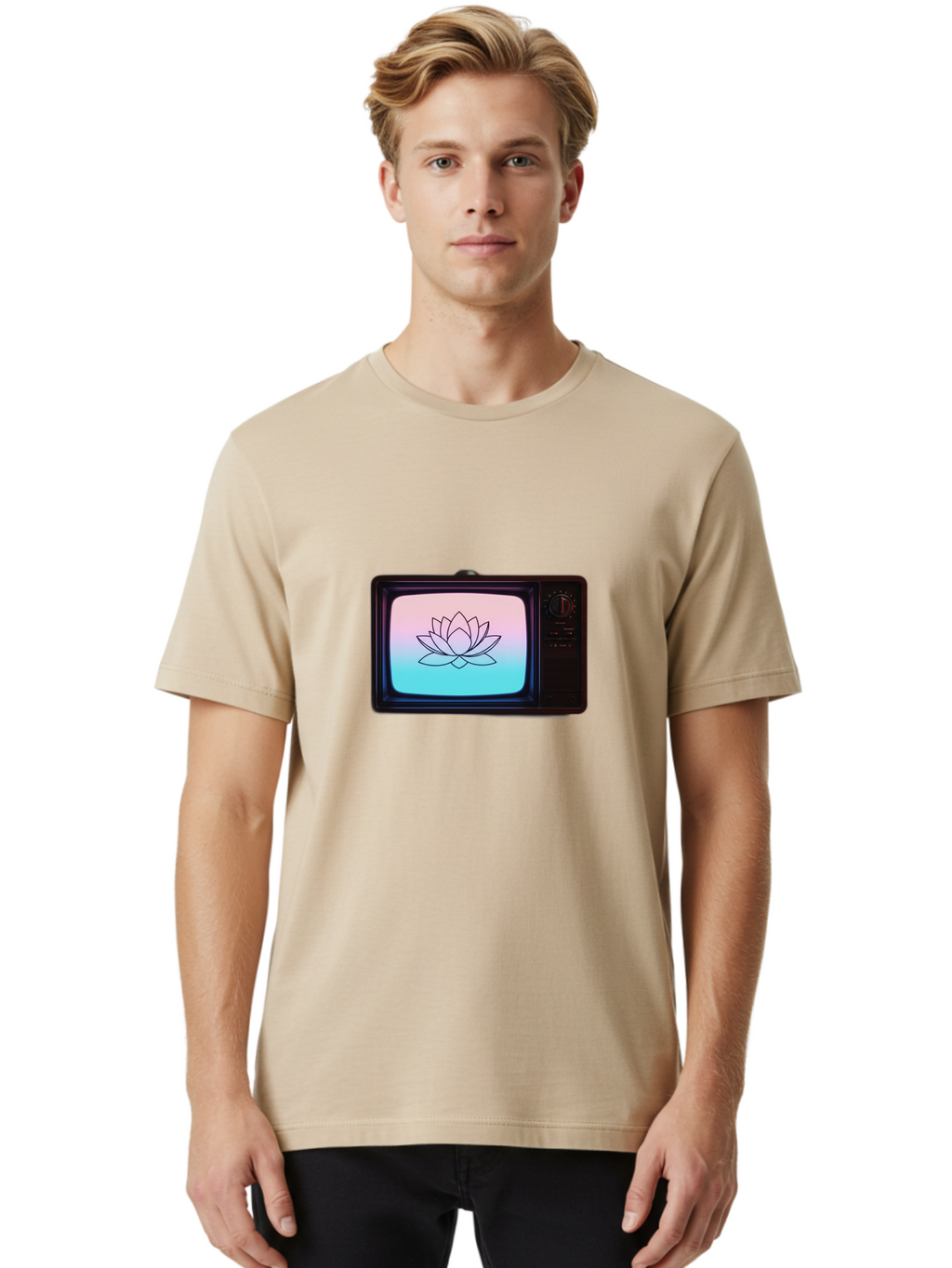 Lotus-On-Retro-Tv Men'S Graphic Tee, 100% Cotton, Comfortable Casual Summer Wear, Machine Washable, Vintage Camera, Old Camera, Antique Camera, Black Camera, Classic Photography, Photography Equipment, Nostalgic Device, Film Camera, Camera Art Bak844