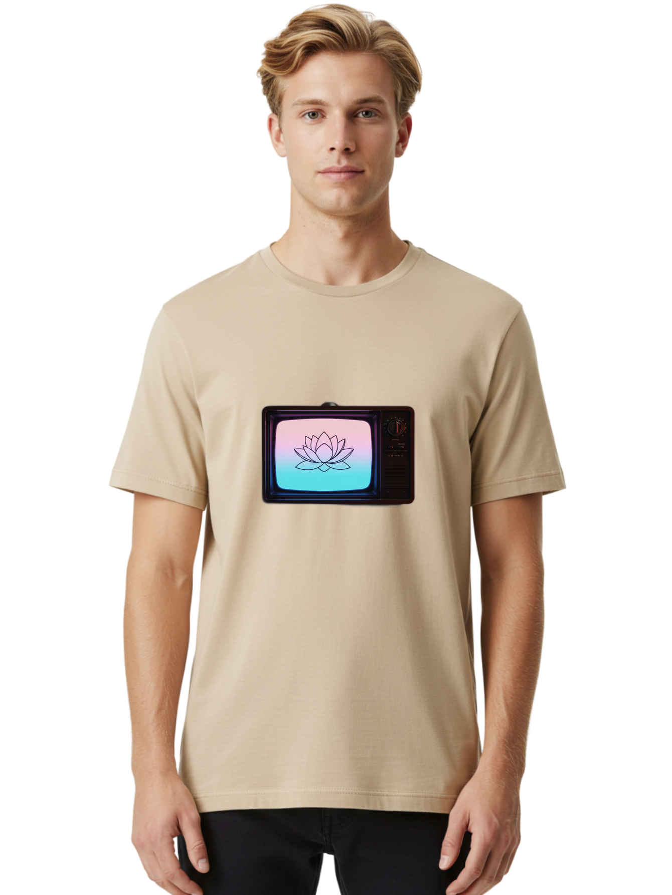 Lotus-On-Retro-Tv Men'S Graphic Tee, 100% Cotton, Comfortable Casual Summer Wear, Machine Washable, Vintage Camera, Old Camera, Antique Camera, Black Camera, Classic Photography, Photography Equipment, Nostalgic Device, Film Camera, Camera Art Bak844
