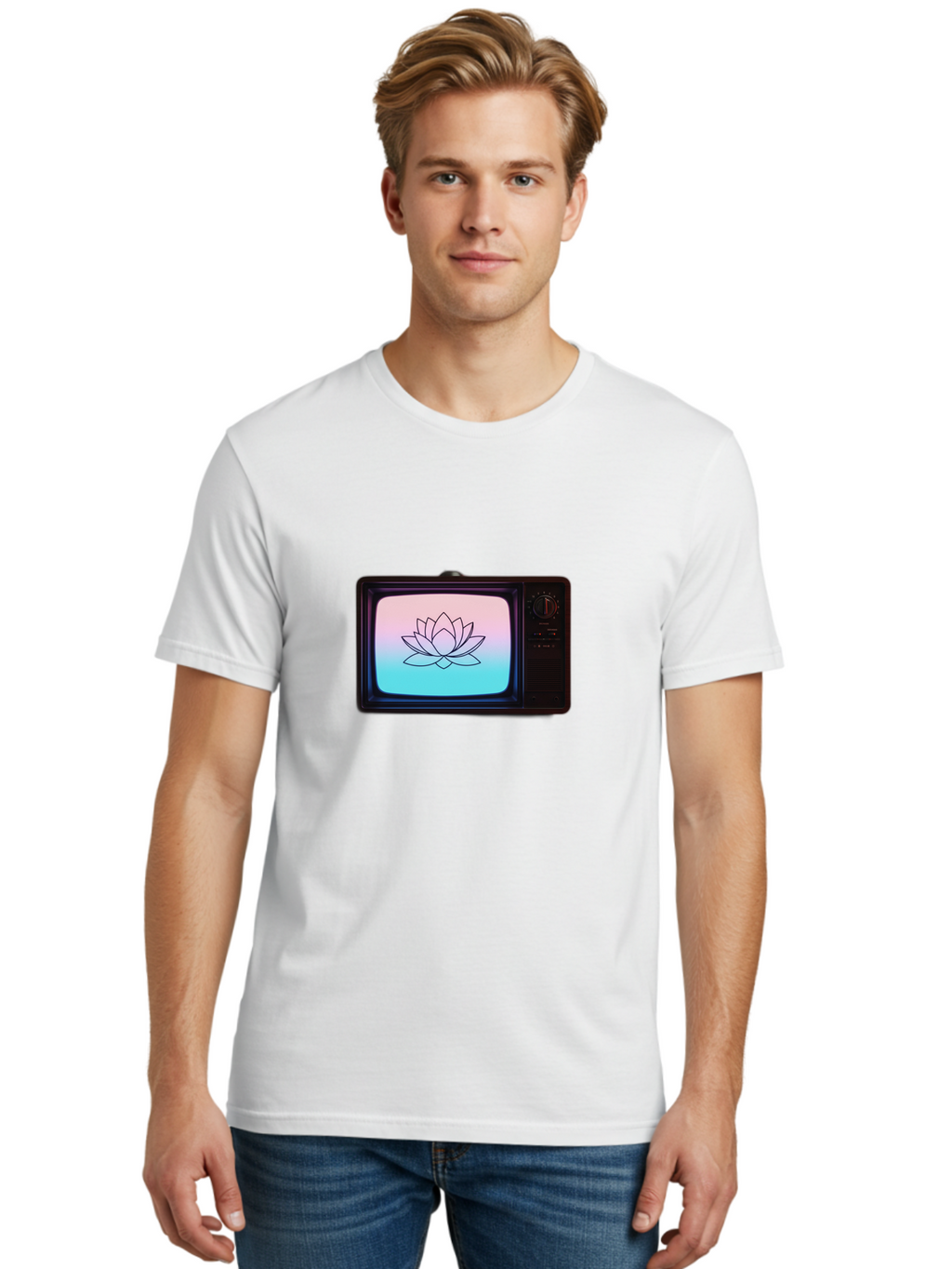 Lotus-On-Retro-Tv Men'S Graphic Tee, 100% Cotton, Comfortable Casual Summer Wear, Machine Washable, Vintage Camera, Old Camera, Antique Camera, Black Camera, Classic Photography, Photography Equipment, Nostalgic Device, Film Camera, Camera Art Bak844