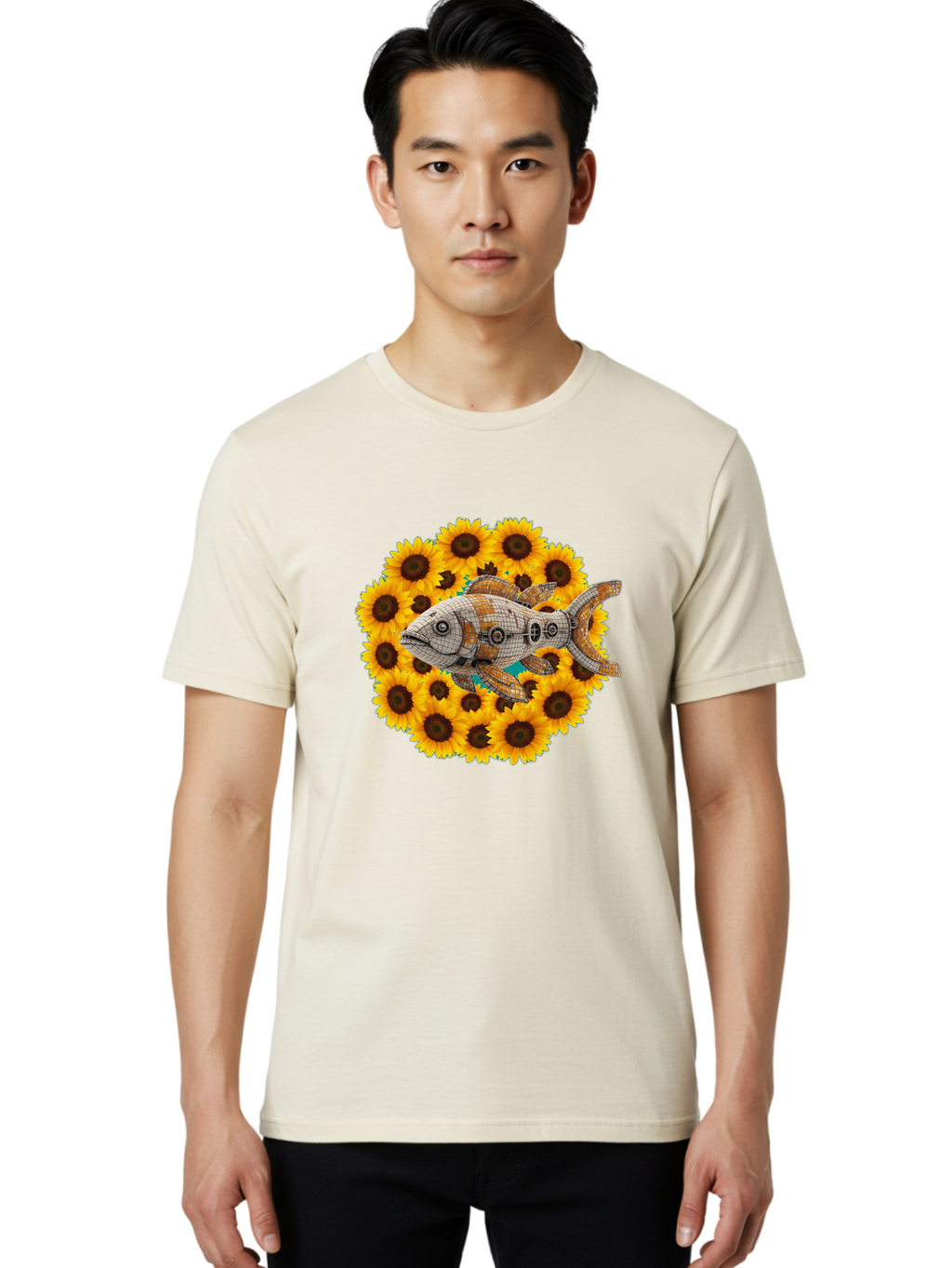 Mechanical-Fish-Sunflowers Men'S Graphic Tee, 100% Cotton, Comfortable Casual Summer Wear, Machine Washable, Vintage Camera, Old Camera, Antique Camera, Black Camera, Classic Photography, Photography Equipment, Nostalgic Device, Film Camera, Bak857