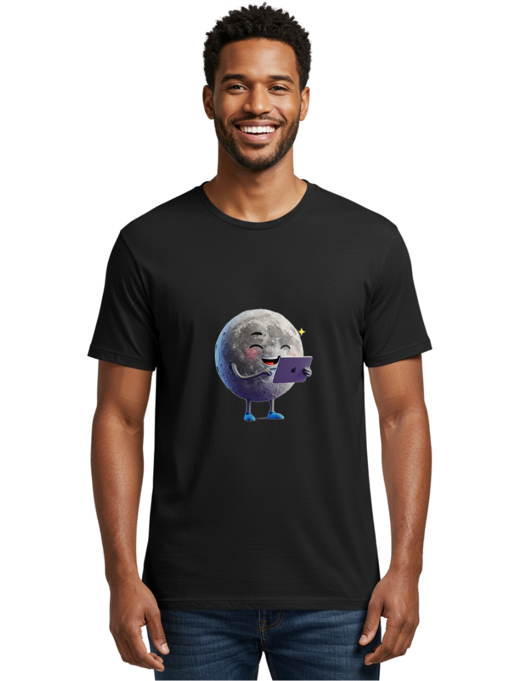 Moon-With-Ipad Men'S Graphic Tee, 100% Cotton, Comfortable Casual Summer Wear, Machine Washable, Vintage Camera, Old Camera, Antique Camera, Black Camera, Classic Photography, Photography Equipment, Nostalgic Device, Film Camera, Camera Art Bak898
