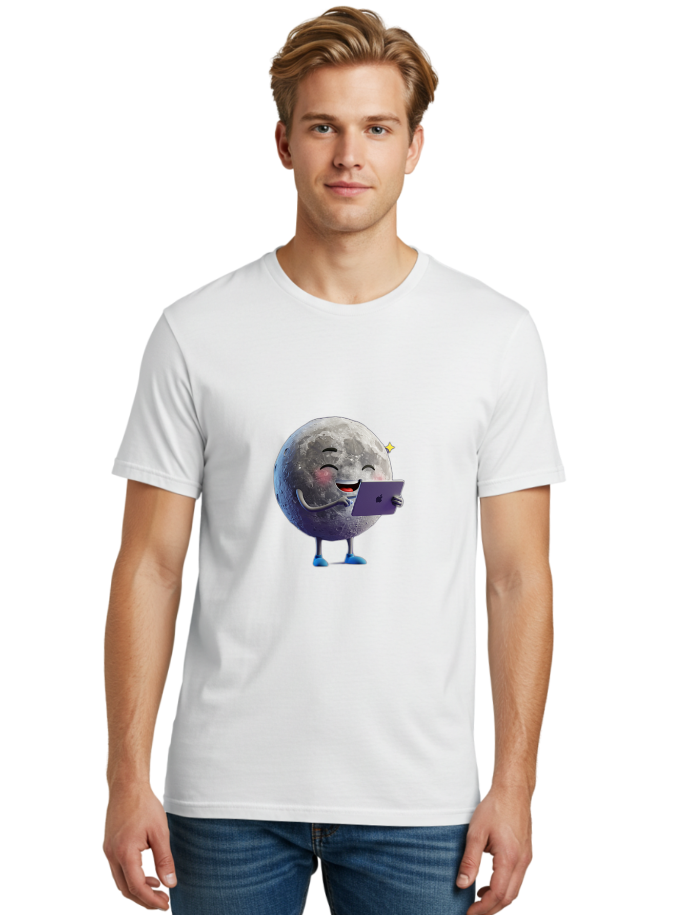 Moon-With-Ipad Men'S Graphic Tee, 100% Cotton, Comfortable Casual Summer Wear, Machine Washable, Vintage Camera, Old Camera, Antique Camera, Black Camera, Classic Photography, Photography Equipment, Nostalgic Device, Film Camera, Camera Art Bak898