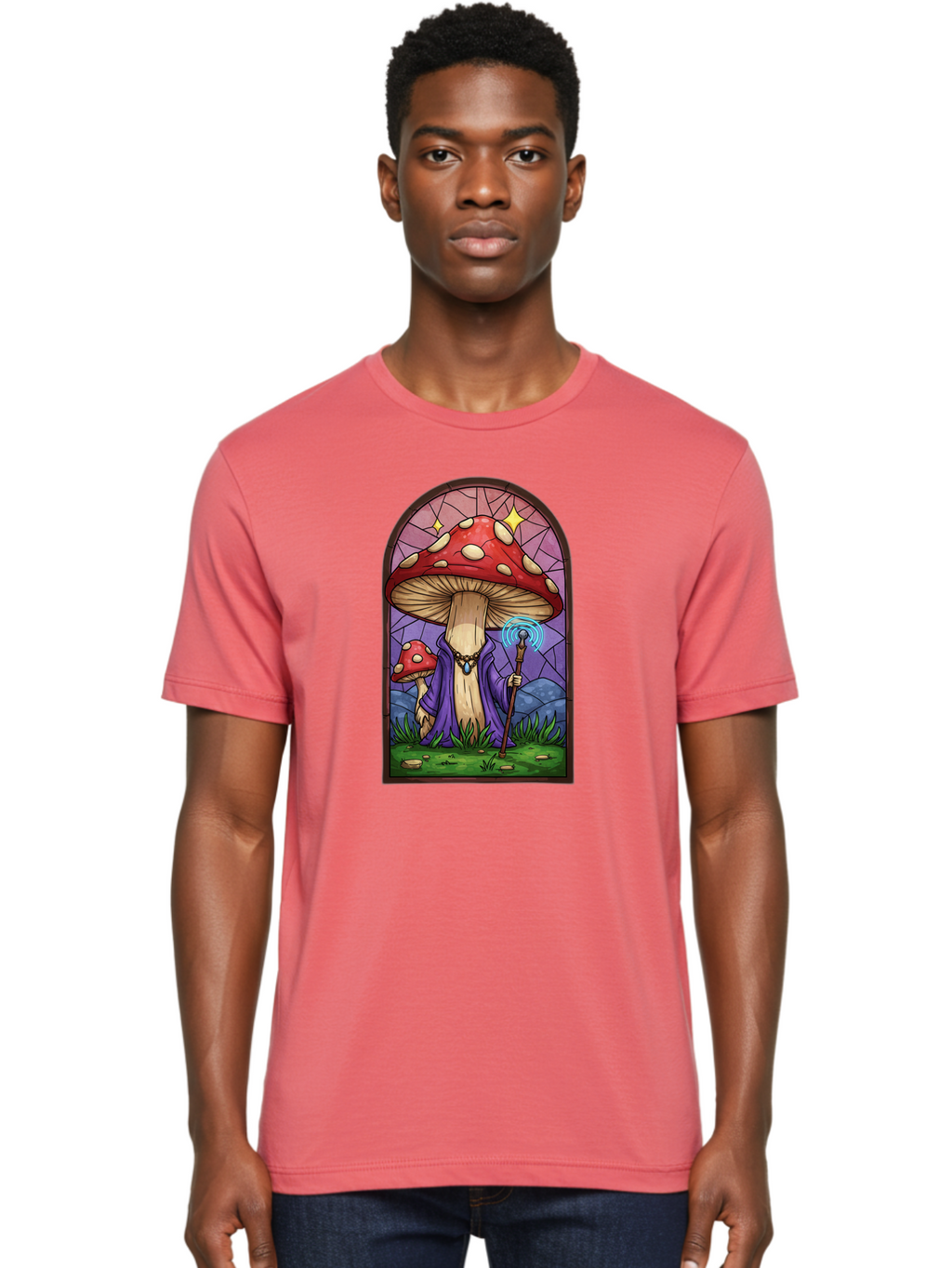 Mushroom-Wizard-Stained-Glass Men'S Graphic Tee, 100% Cotton, Comfortable Casual Summer Wear, Machine Washable, Vintage Camera, Old Camera, Antique Camera, Black Camera, Classic Photography, Photography Equipment, Nostalgic Device, Bak920