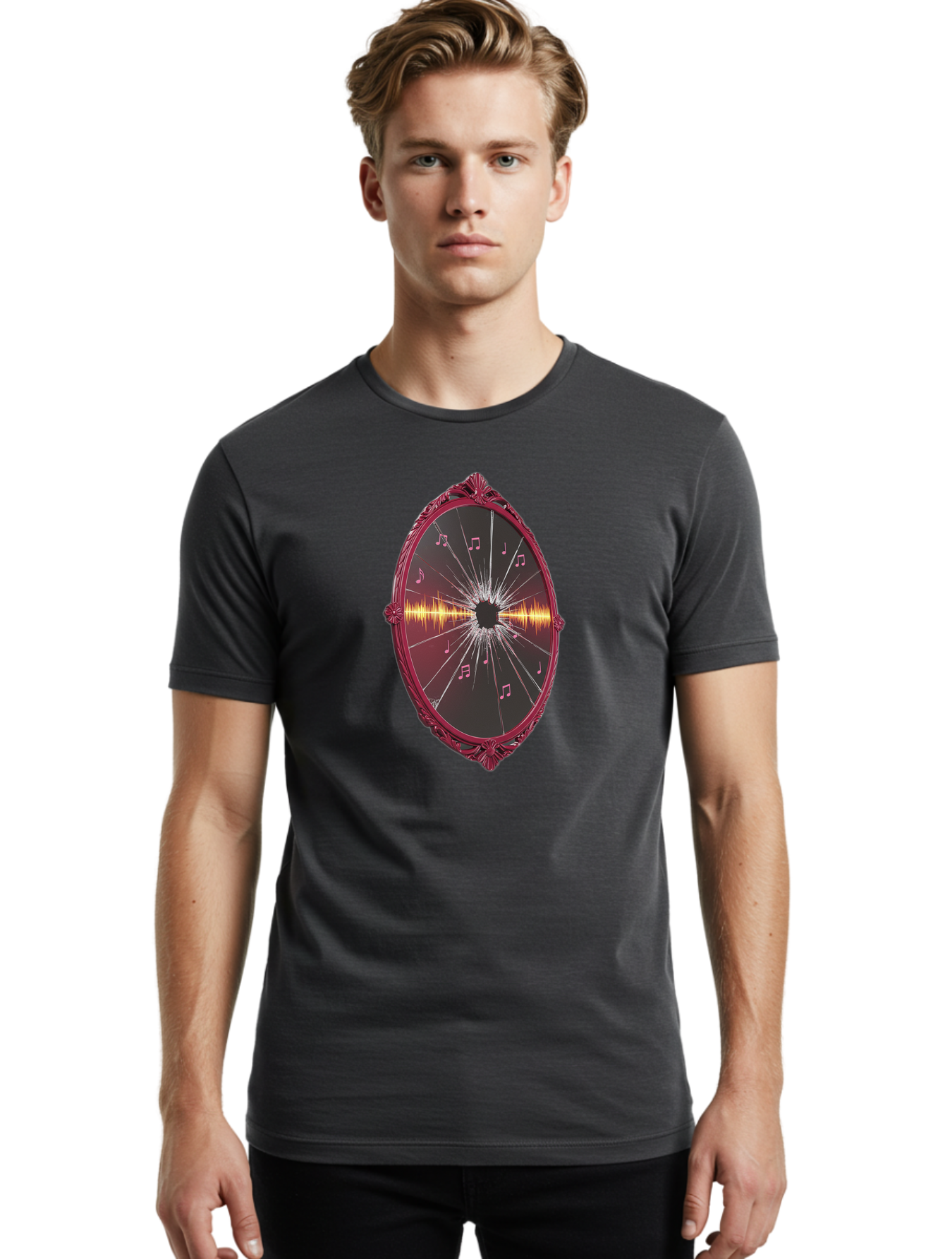 Music-Notes-Shattered-Mirror Men'S Graphic Tee, 100% Cotton, Comfortable Casual Summer Wear, Machine Washable, Vintage Camera, Old Camera, Antique Camera, Black Camera, Classic Photography, Photography Equipment, Nostalgic Device, Film Camera, Bak923