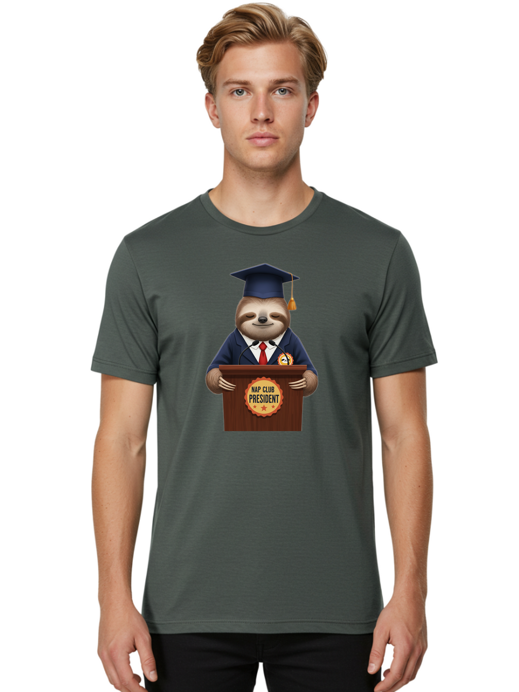 Nap-Club-President-Sloth Men'S Graphic Tee, 100% Cotton, Comfortable Casual Summer Wear, Machine Washable, Vintage Camera, Old Camera, Antique Camera, Black Camera, Classic Photography, Photography Equipment, Nostalgic Device, Film Camera, Bak933