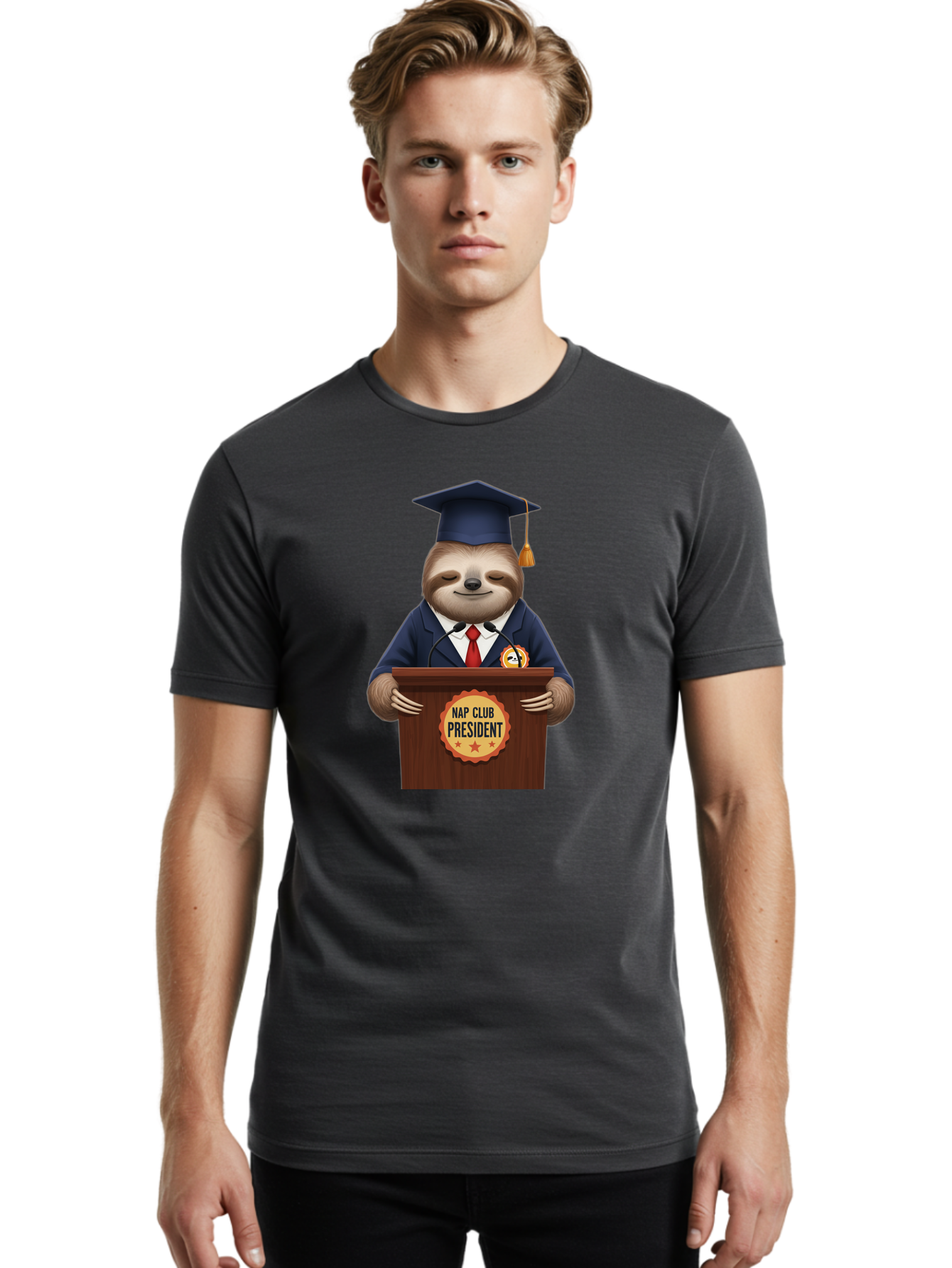 Nap-Club-President-Sloth Men'S Graphic Tee, 100% Cotton, Comfortable Casual Summer Wear, Machine Washable, Vintage Camera, Old Camera, Antique Camera, Black Camera, Classic Photography, Photography Equipment, Nostalgic Device, Film Camera, Bak933