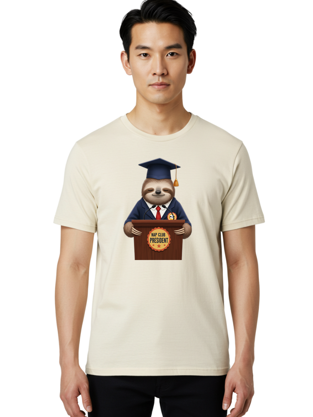 Nap-Club-President-Sloth Men'S Graphic Tee, 100% Cotton, Comfortable Casual Summer Wear, Machine Washable, Vintage Camera, Old Camera, Antique Camera, Black Camera, Classic Photography, Photography Equipment, Nostalgic Device, Film Camera, Bak933