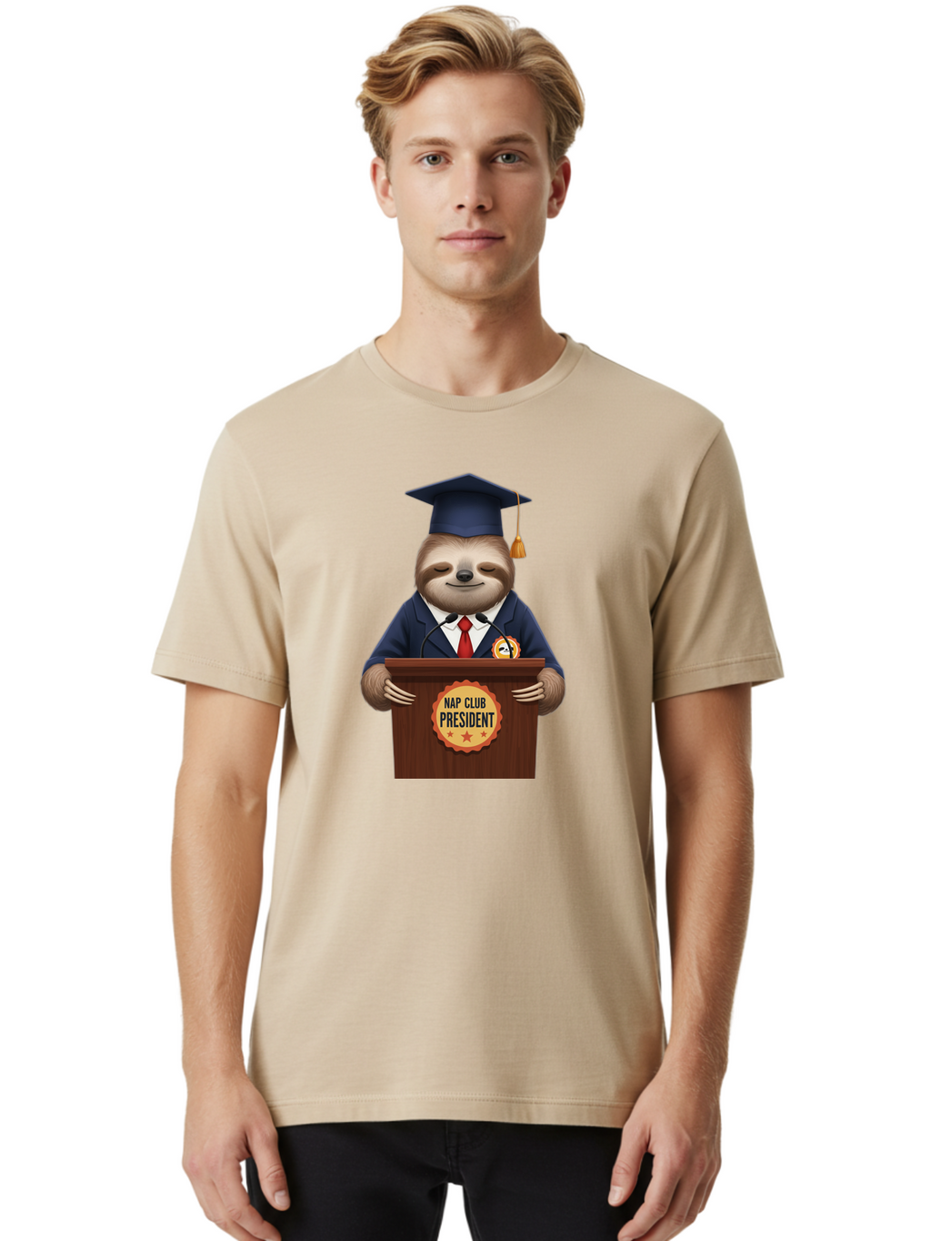 Nap-Club-President-Sloth Men'S Graphic Tee, 100% Cotton, Comfortable Casual Summer Wear, Machine Washable, Vintage Camera, Old Camera, Antique Camera, Black Camera, Classic Photography, Photography Equipment, Nostalgic Device, Film Camera, Bak933