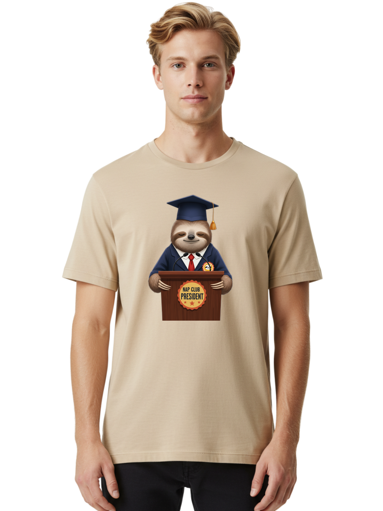 Nap-Club-President-Sloth Men'S Graphic Tee, 100% Cotton, Comfortable Casual Summer Wear, Machine Washable, Vintage Camera, Old Camera, Antique Camera, Black Camera, Classic Photography, Photography Equipment, Nostalgic Device, Film Camera, Bak933