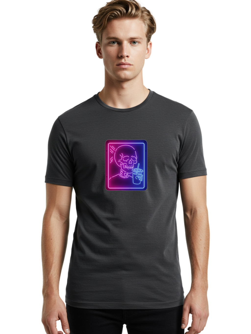 Neon-Skeleton-Drinking Men'S Graphic Tee, 100% Cotton, Comfortable Casual Summer Wear, Machine Washable, Vintage Camera, Old Camera, Antique Camera, Black Camera, Classic Photography, Photography Equipment, Nostalgic Device, Film Camera, Bak941