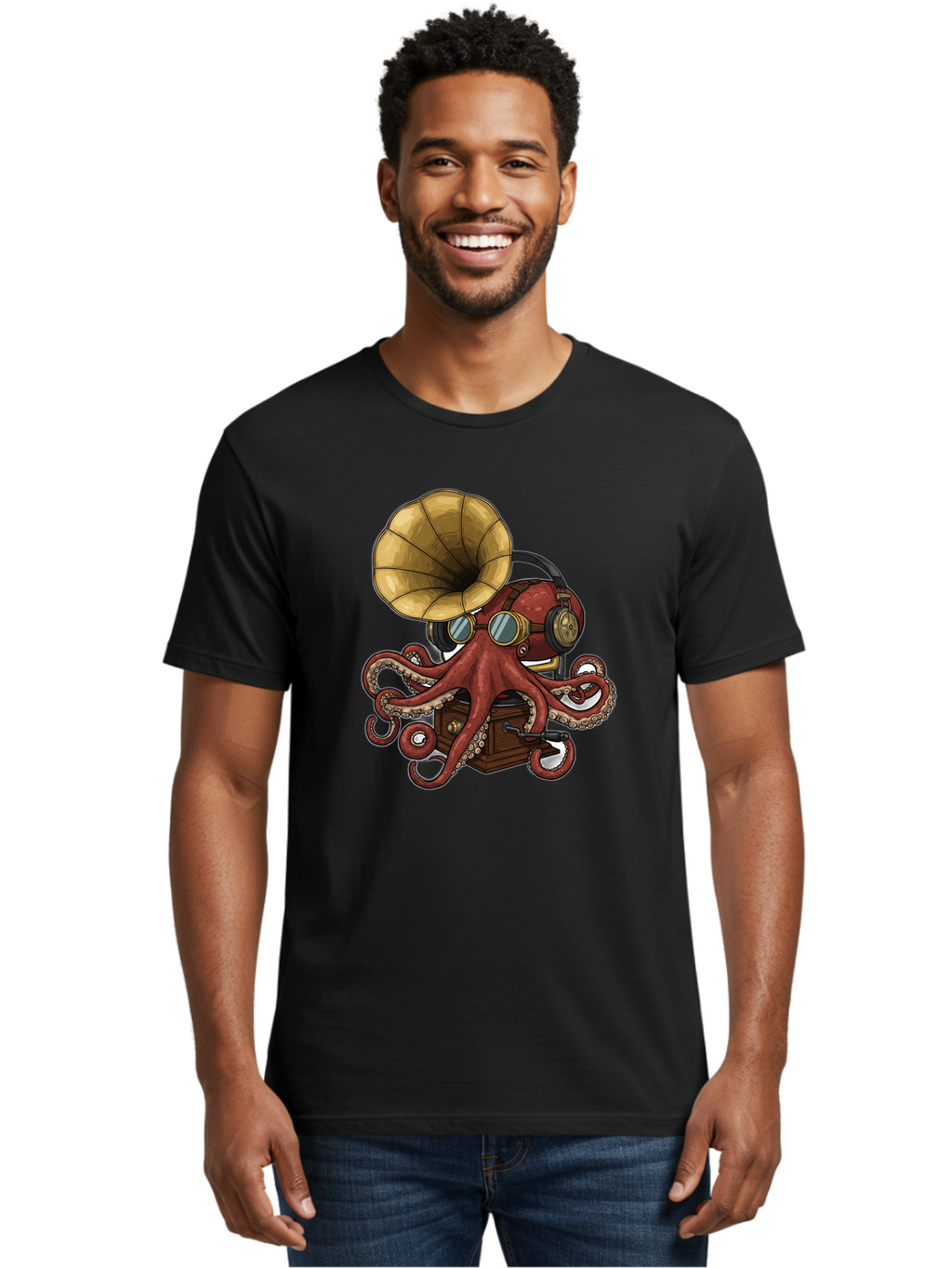 Octopus-Gramophone Men'S Graphic Tee, 100% Cotton, Comfortable Casual Summer Wear, Machine Washable, Vintage Camera, Old Camera, Antique Camera, Black Camera, Classic Photography, Photography Equipment, Nostalgic Device, Film Camera, Bak990
