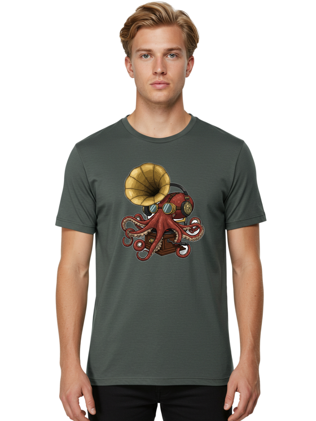 Octopus-Gramophone Men'S Graphic Tee, 100% Cotton, Comfortable Casual Summer Wear, Machine Washable, Vintage Camera, Old Camera, Antique Camera, Black Camera, Classic Photography, Photography Equipment, Nostalgic Device, Film Camera, Bak990