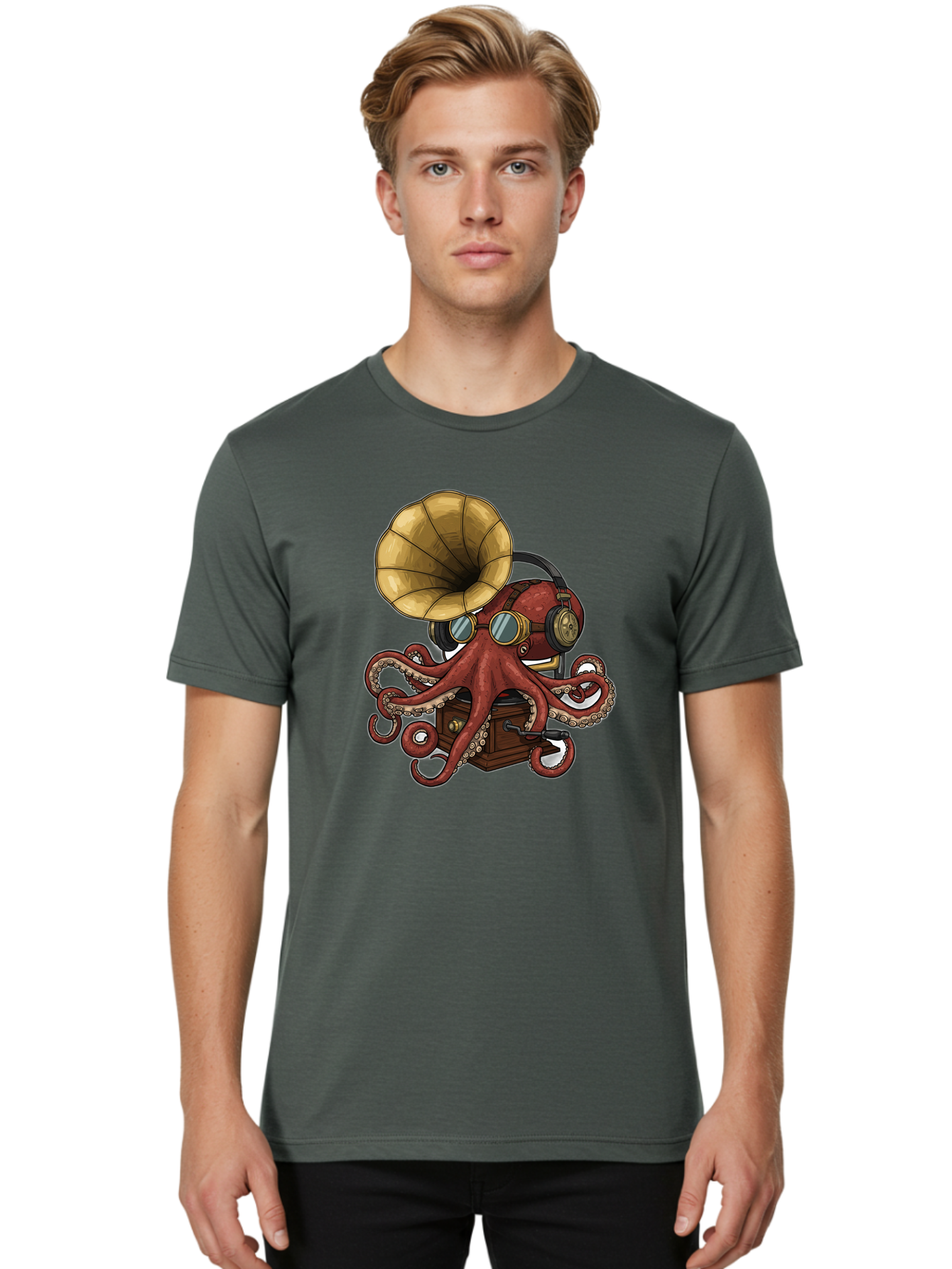 Octopus-Gramophone Men'S Graphic Tee, 100% Cotton, Comfortable Casual Summer Wear, Machine Washable, Vintage Camera, Old Camera, Antique Camera, Black Camera, Classic Photography, Photography Equipment, Nostalgic Device, Film Camera, Bak990