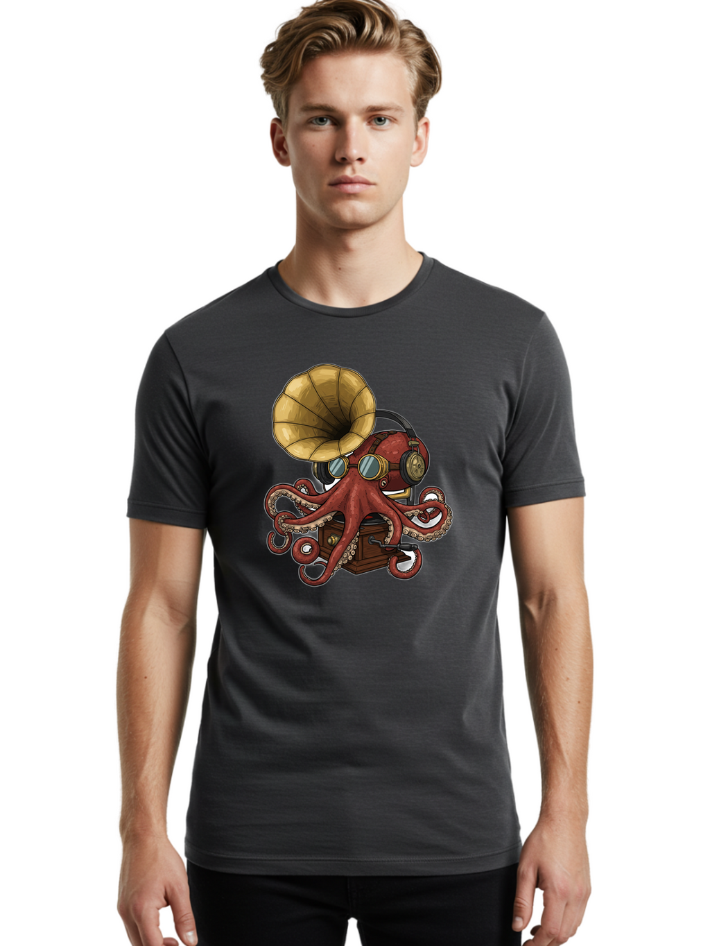 Octopus-Gramophone Men'S Graphic Tee, 100% Cotton, Comfortable Casual Summer Wear, Machine Washable, Vintage Camera, Old Camera, Antique Camera, Black Camera, Classic Photography, Photography Equipment, Nostalgic Device, Film Camera, Bak990