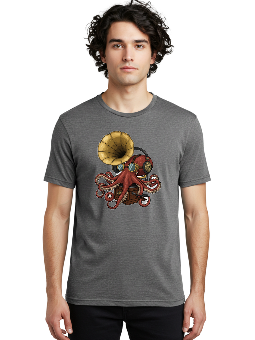 Octopus-Gramophone Men'S Graphic Tee, 100% Cotton, Comfortable Casual Summer Wear, Machine Washable, Vintage Camera, Old Camera, Antique Camera, Black Camera, Classic Photography, Photography Equipment, Nostalgic Device, Film Camera, Bak990