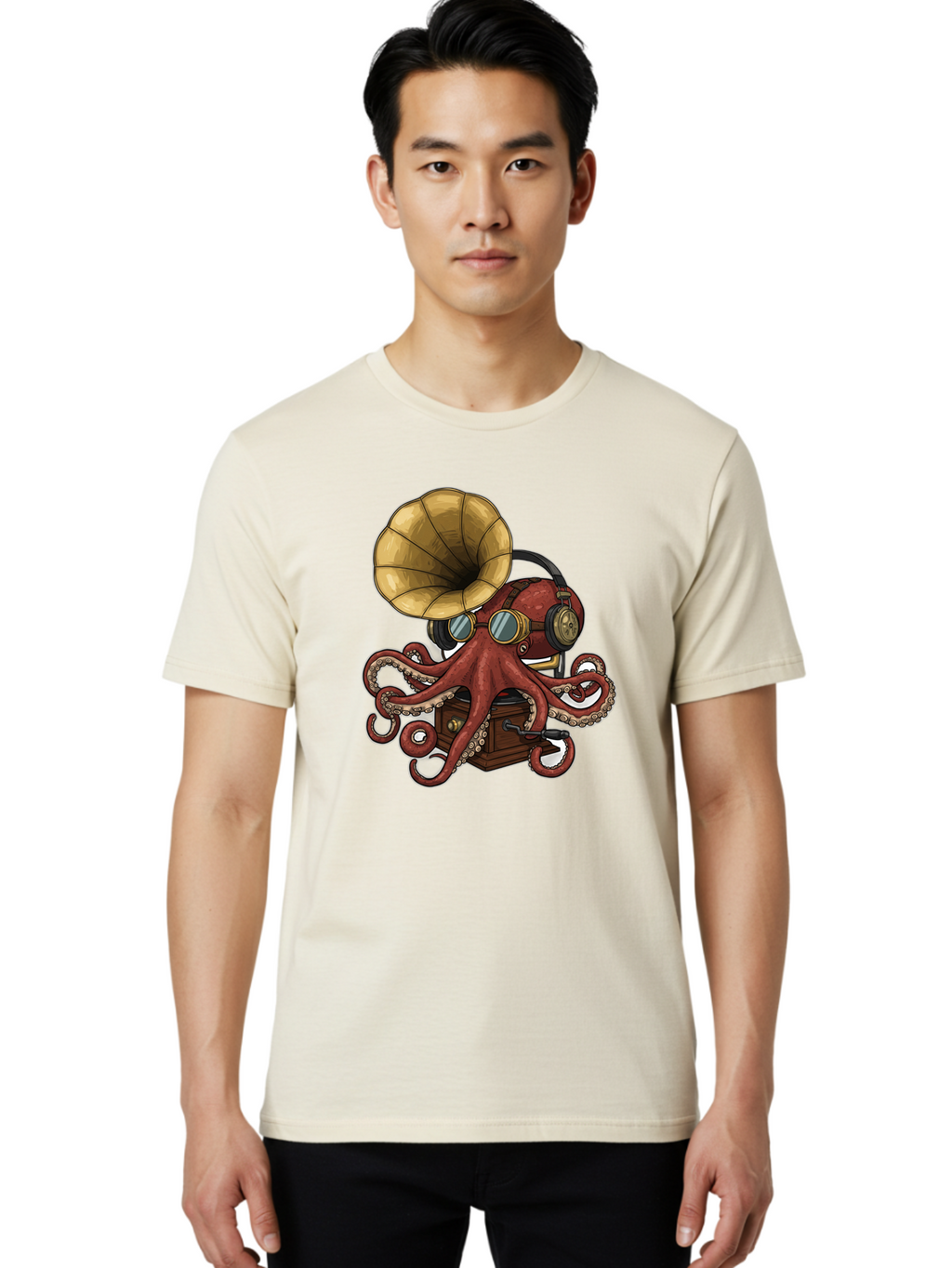 Octopus-Gramophone Men'S Graphic Tee, 100% Cotton, Comfortable Casual Summer Wear, Machine Washable, Vintage Camera, Old Camera, Antique Camera, Black Camera, Classic Photography, Photography Equipment, Nostalgic Device, Film Camera, Bak990
