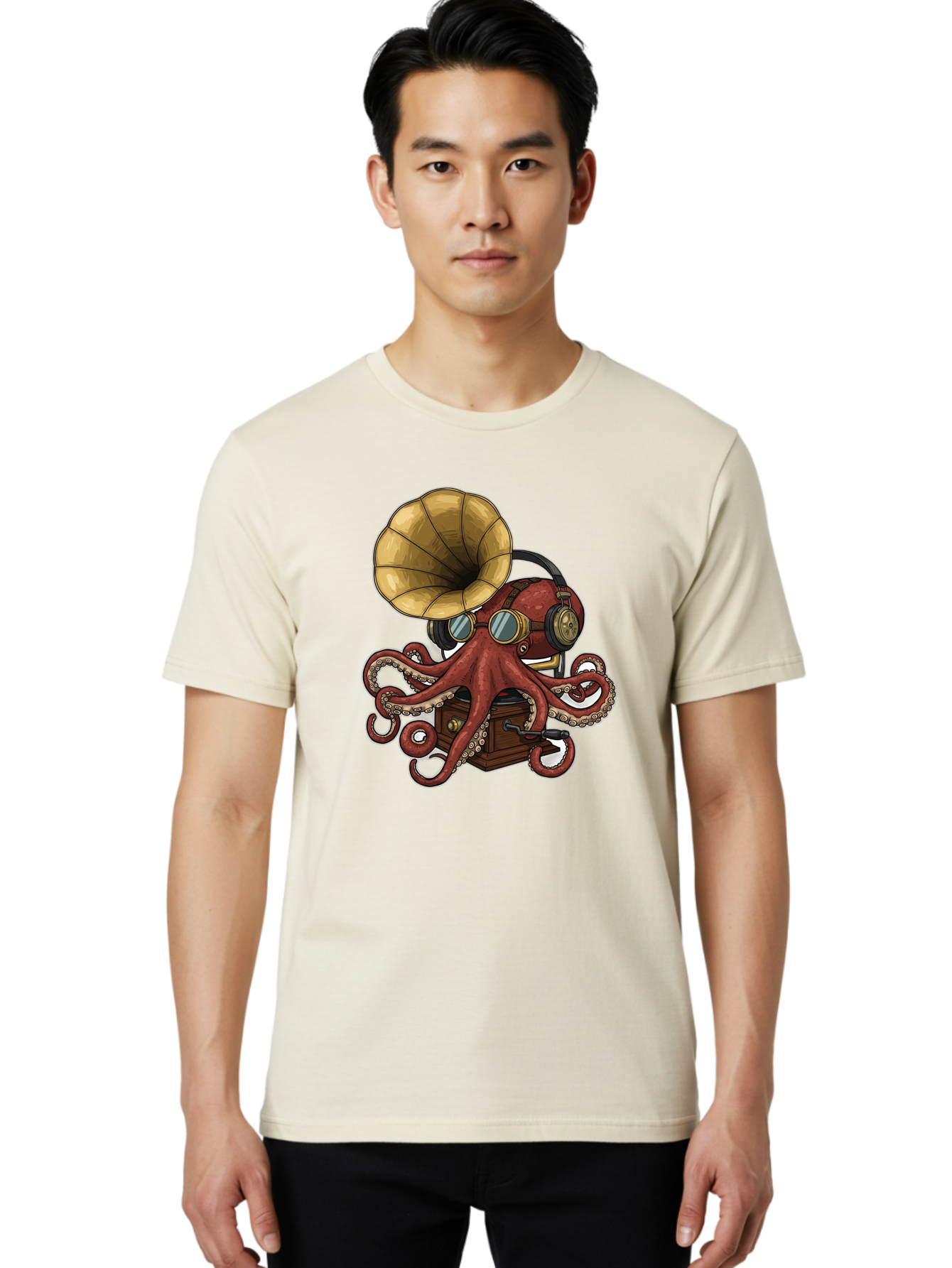 Octopus-Gramophone Men'S Graphic Tee, 100% Cotton, Comfortable Casual Summer Wear, Machine Washable, Vintage Camera, Old Camera, Antique Camera, Black Camera, Classic Photography, Photography Equipment, Nostalgic Device, Film Camera, Bak990