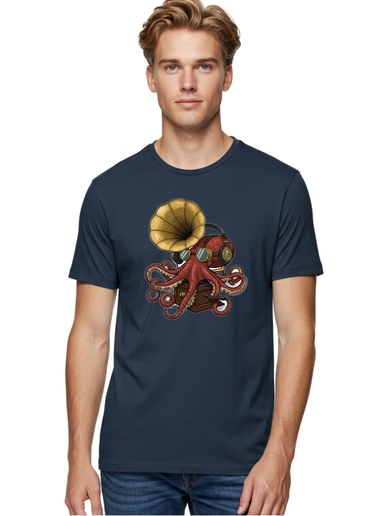 Octopus-Gramophone Men'S Graphic Tee, 100% Cotton, Comfortable Casual Summer Wear, Machine Washable, Vintage Camera, Old Camera, Antique Camera, Black Camera, Classic Photography, Photography Equipment, Nostalgic Device, Film Camera, Bak990