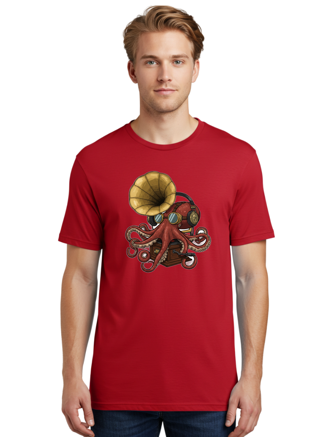 Octopus-Gramophone Men'S Graphic Tee, 100% Cotton, Comfortable Casual Summer Wear, Machine Washable, Vintage Camera, Old Camera, Antique Camera, Black Camera, Classic Photography, Photography Equipment, Nostalgic Device, Film Camera, Bak990