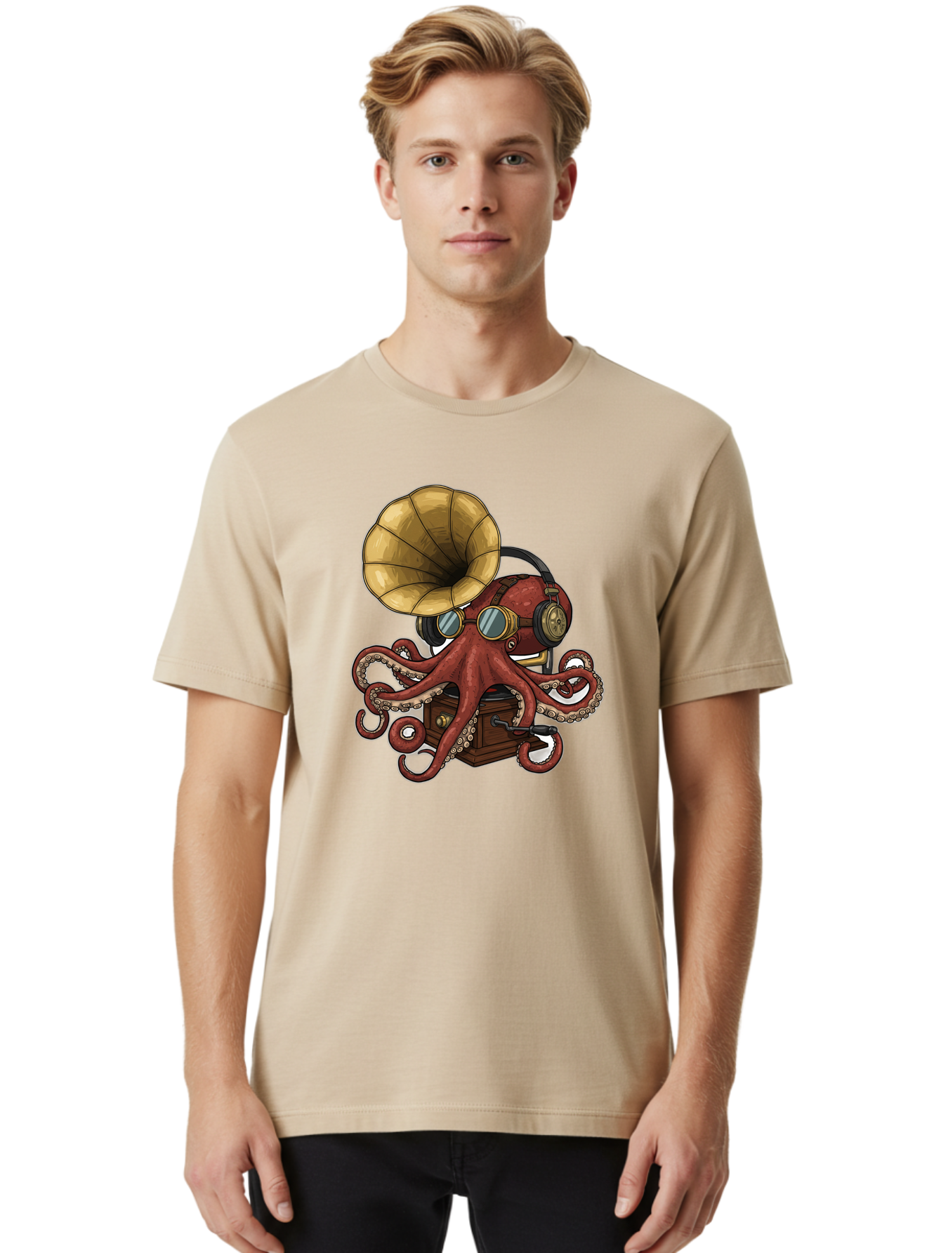 Octopus-Gramophone Men'S Graphic Tee, 100% Cotton, Comfortable Casual Summer Wear, Machine Washable, Vintage Camera, Old Camera, Antique Camera, Black Camera, Classic Photography, Photography Equipment, Nostalgic Device, Film Camera, Bak990
