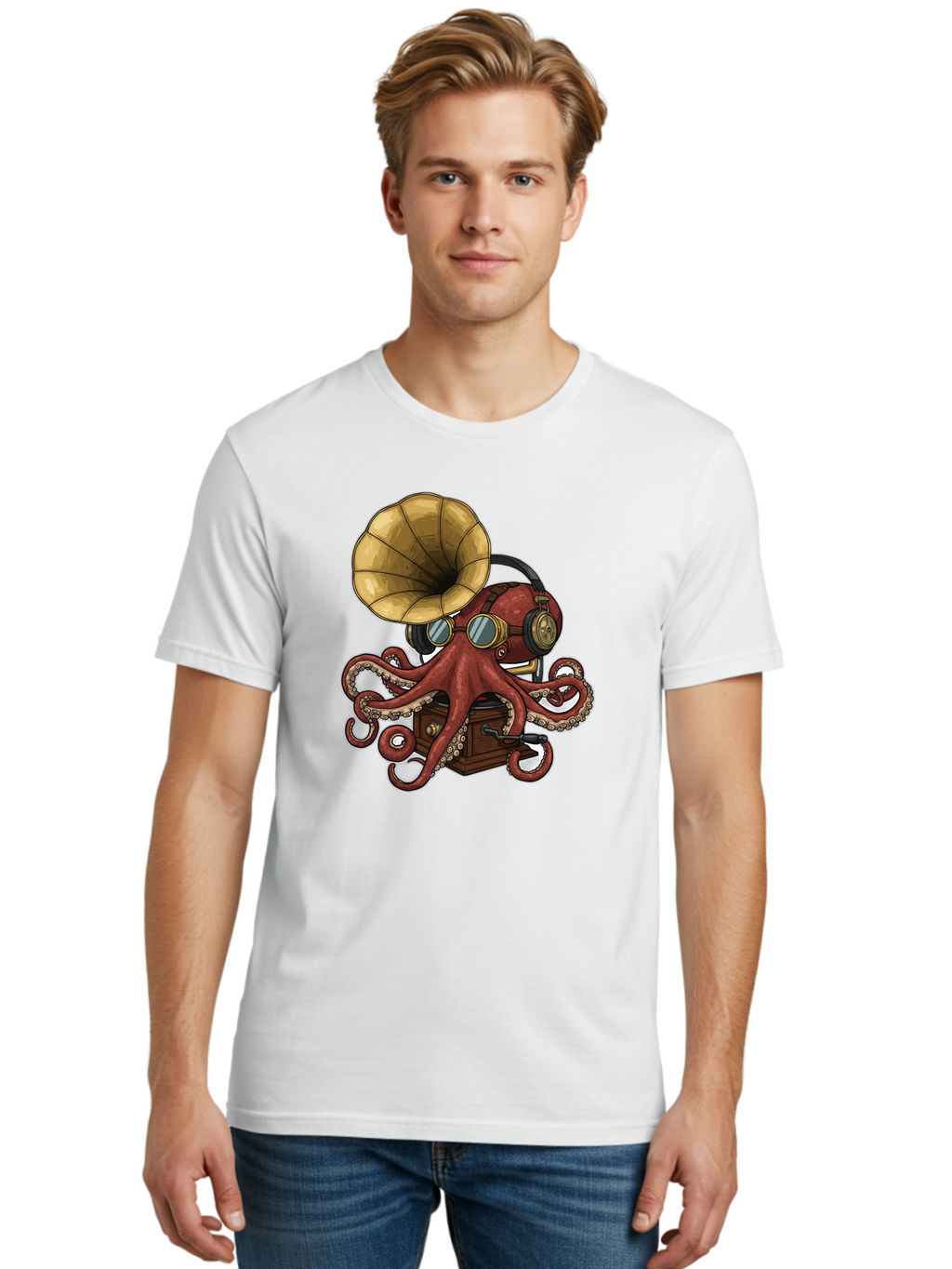 Octopus-Gramophone Men'S Graphic Tee, 100% Cotton, Comfortable Casual Summer Wear, Machine Washable, Vintage Camera, Old Camera, Antique Camera, Black Camera, Classic Photography, Photography Equipment, Nostalgic Device, Film Camera, Bak990