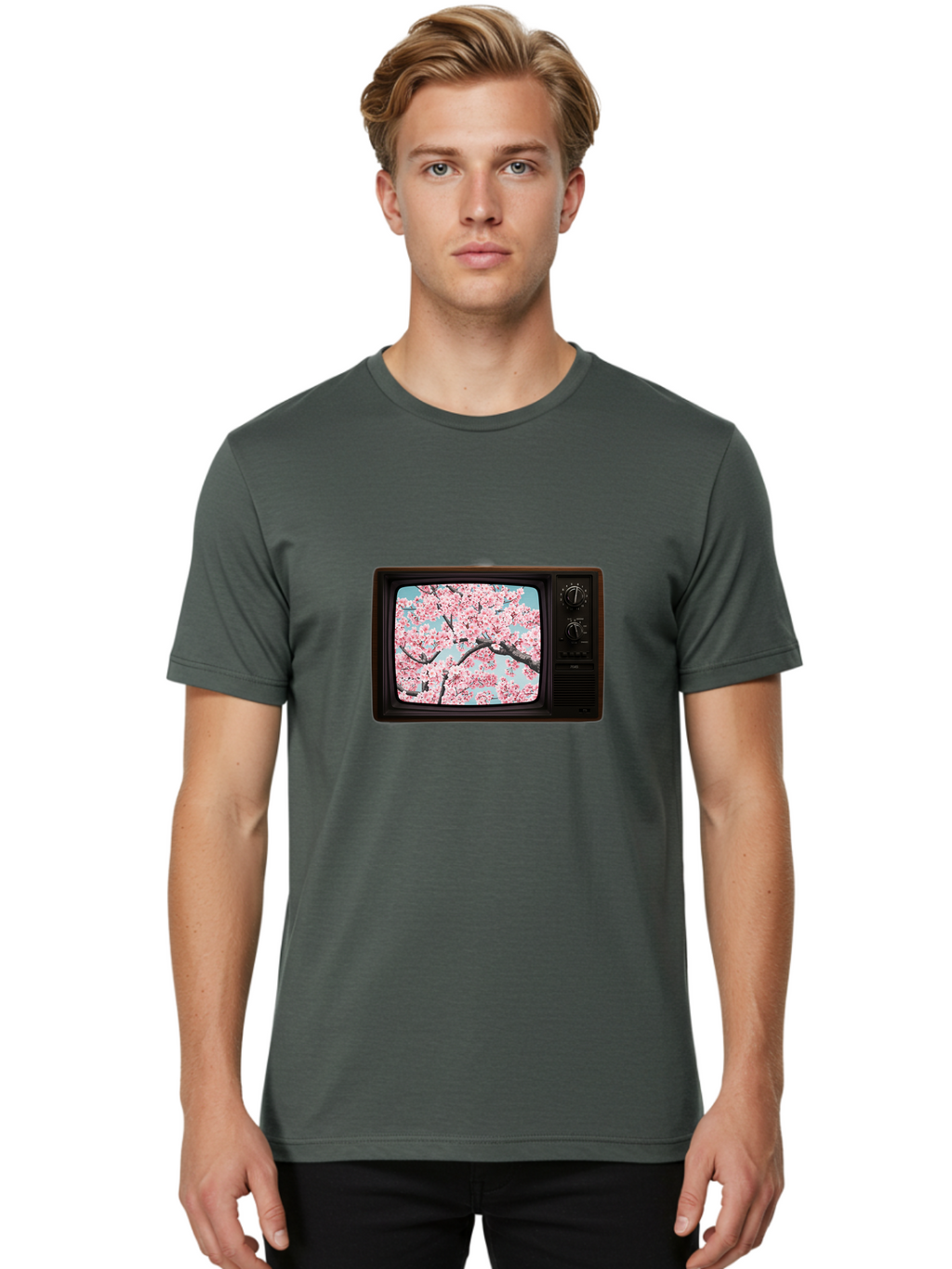 Old-Television-With-Cherry-Blossoms Men'S Graphic Tee, 100% Cotton, Comfortable Casual Summer Wear, Machine Washable, Vintage Camera, Old Camera, Antique Camera, Black Camera, Classic Photography, Photography Equipment, Nostalgic Device, Bak994