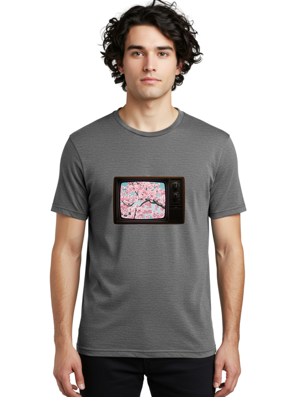 Old-Television-With-Cherry-Blossoms Men'S Graphic Tee, 100% Cotton, Comfortable Casual Summer Wear, Machine Washable, Vintage Camera, Old Camera, Antique Camera, Black Camera, Classic Photography, Photography Equipment, Nostalgic Device, Bak994