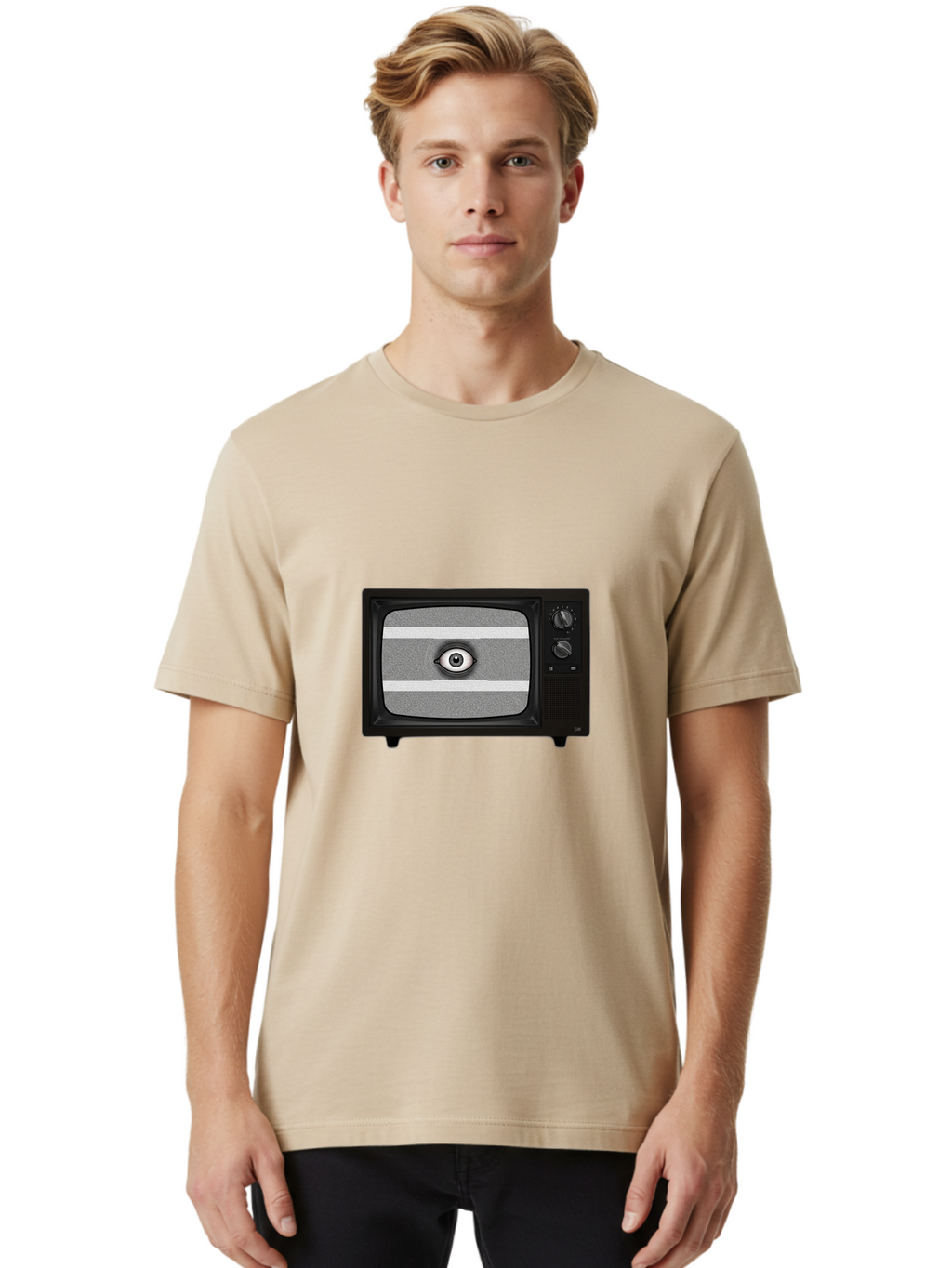 Old-Tv-With-Eye Men'S Graphic Tee, 100% Cotton, Comfortable Casual Summer Wear, Machine Washable, Vintage Camera, Old Camera, Antique Camera, Black Camera, Classic Photography, Photography Equipment, Nostalgic Device, Film Camera, Camera Art Bak996