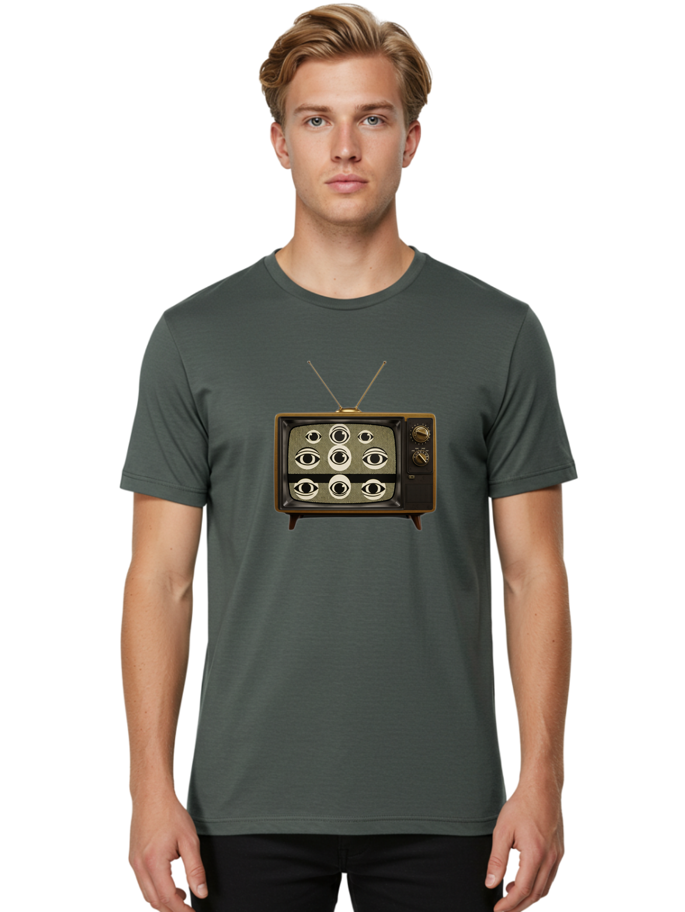 Old-Tv-With-Eyes Men'S Graphic Tee, 100% Cotton, Comfortable Casual Summer Wear, Machine Washable, Vintage Camera, Old Camera, Antique Camera, Black Camera, Classic Photography, Photography Equipment, Nostalgic Device, Film Camera, Camera Art Bak997