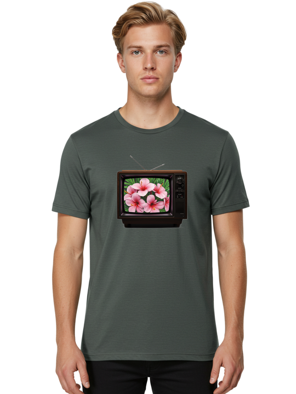 Old-Tv-With-Hibiscus-Flowers Men'S Graphic Tee, 100% Cotton, Comfortable Casual Summer Wear, Machine Washable, Vintage Camera, Old Camera, Antique Camera, Black Camera, Classic Photography, Photography Equipment, Nostalgic Device, Film Camera, Bak998