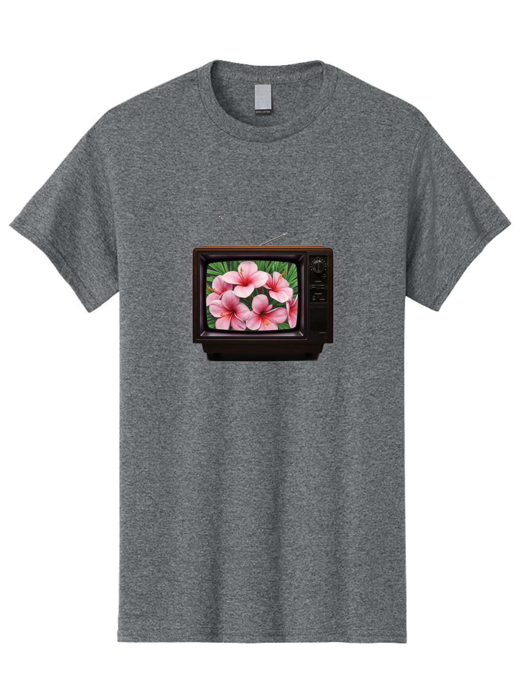Old-Tv-With-Hibiscus-Flowers Men'S Graphic Tee, 100% Cotton, Comfortable Casual Summer Wear, Machine Washable, Vintage Camera, Old Camera, Antique Camera, Black Camera, Classic Photography, Photography Equipment, Nostalgic Device, Film Camera, Bak998