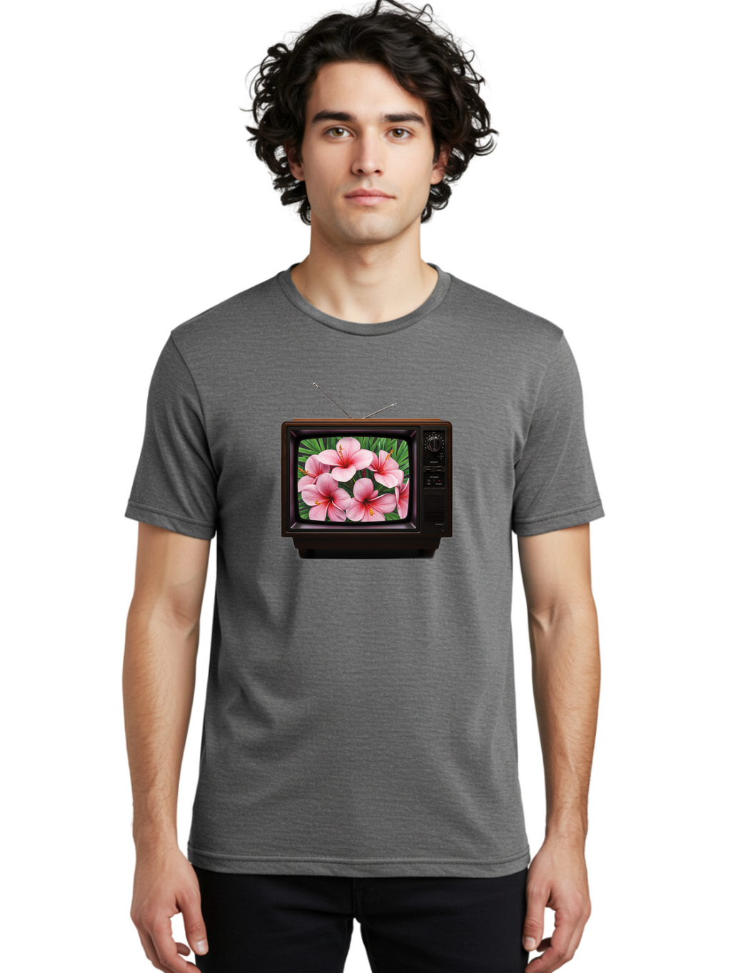 Old-Tv-With-Hibiscus-Flowers Men'S Graphic Tee, 100% Cotton, Comfortable Casual Summer Wear, Machine Washable, Vintage Camera, Old Camera, Antique Camera, Black Camera, Classic Photography, Photography Equipment, Nostalgic Device, Film Camera, Bak998