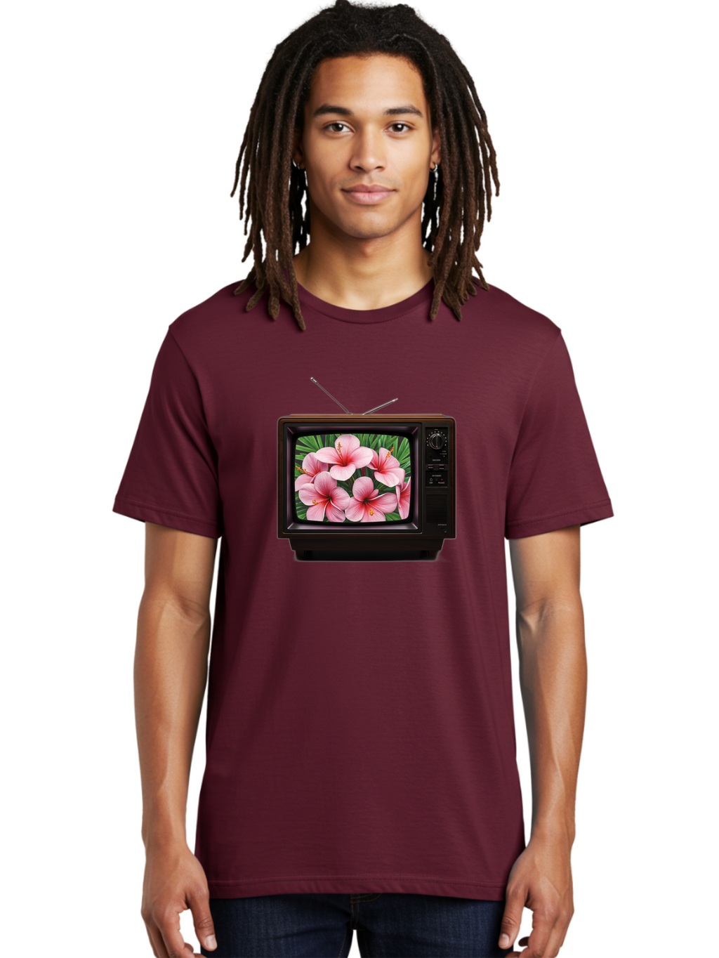 Old-Tv-With-Hibiscus-Flowers Men'S Graphic Tee, 100% Cotton, Comfortable Casual Summer Wear, Machine Washable, Vintage Camera, Old Camera, Antique Camera, Black Camera, Classic Photography, Photography Equipment, Nostalgic Device, Film Camera, Bak998