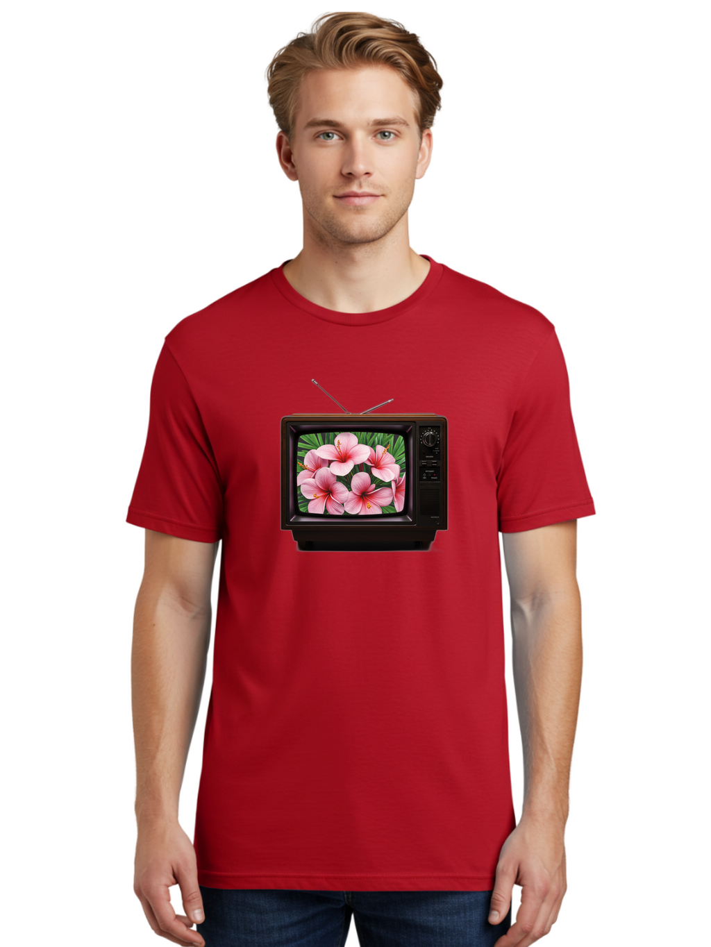Old-Tv-With-Hibiscus-Flowers Men'S Graphic Tee, 100% Cotton, Comfortable Casual Summer Wear, Machine Washable, Vintage Camera, Old Camera, Antique Camera, Black Camera, Classic Photography, Photography Equipment, Nostalgic Device, Film Camera, Bak998