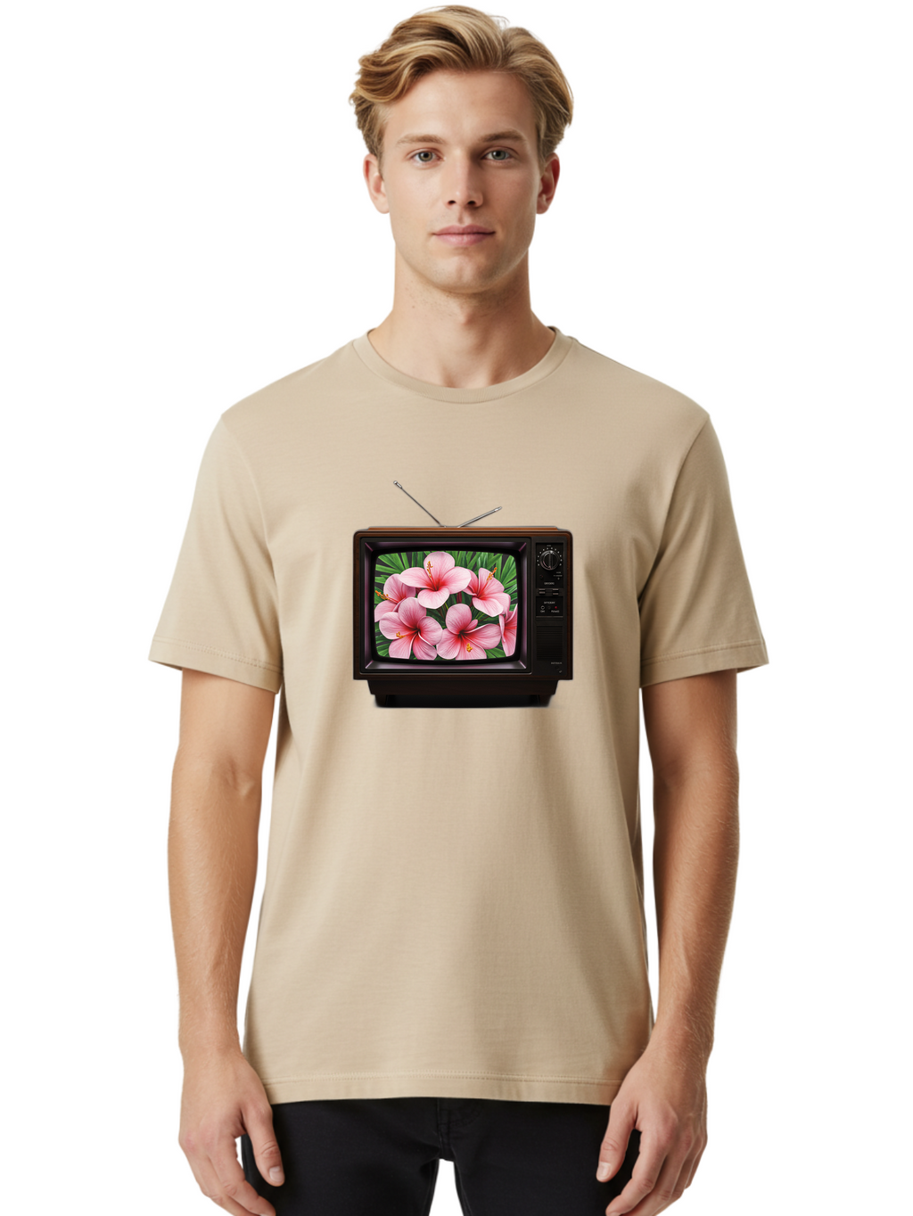 Old-Tv-With-Hibiscus-Flowers Men'S Graphic Tee, 100% Cotton, Comfortable Casual Summer Wear, Machine Washable, Vintage Camera, Old Camera, Antique Camera, Black Camera, Classic Photography, Photography Equipment, Nostalgic Device, Film Camera, Bak998
