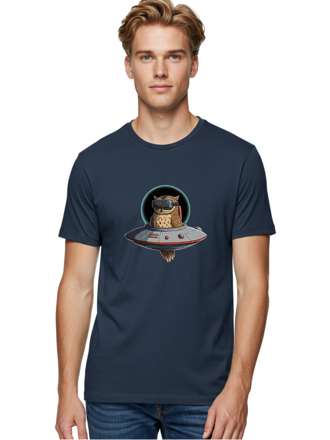 Owl-In-Vr-Headset Men'S Graphic Tee, 100% Cotton, Comfortable Casual Summer Wear, Machine Washable, Vintage Camera, Old Camera, Antique Camera, Black Camera, Classic Photography, Photography Equipment, Nostalgic Device, Film Camera, Camera Art Bal022