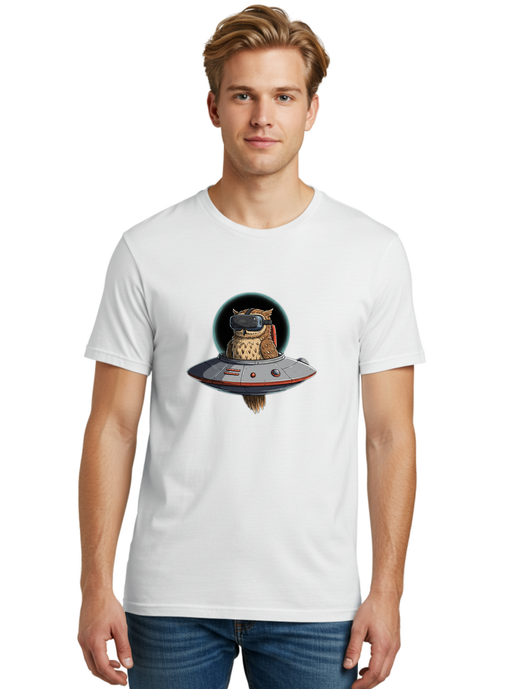 Owl-In-Vr-Headset Men'S Graphic Tee, 100% Cotton, Comfortable Casual Summer Wear, Machine Washable, Vintage Camera, Old Camera, Antique Camera, Black Camera, Classic Photography, Photography Equipment, Nostalgic Device, Film Camera, Camera Art Bal022