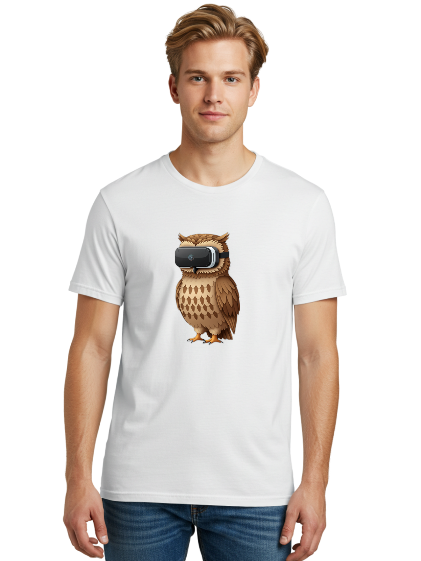 Owl-Wearing-Vr-Headset-1 Men'S Graphic Tee, 100% Cotton, Comfortable Casual Summer Wear, Machine Washable, Vintage Camera, Old Camera, Antique Camera, Black Camera, Classic Photography, Photography Equipment, Nostalgic Device, Film Camera, Bal026