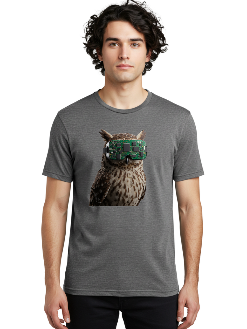 Owl-With-Circuit-Board-Vr-Goggles Men'S Graphic Tee, 100% Cotton, Comfortable Casual Summer Wear, Machine Washable, Vintage Camera, Old Camera, Antique Camera, Black Camera, Classic Photography, Photography Equipment, Nostalgic Device, Bal028