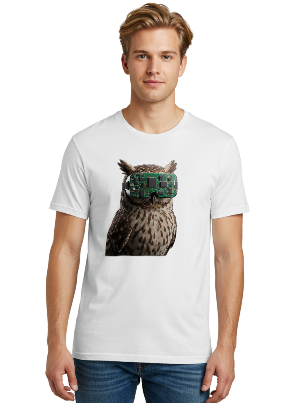 Owl-With-Circuit-Board-Vr-Goggles Men'S Graphic Tee, 100% Cotton, Comfortable Casual Summer Wear, Machine Washable, Vintage Camera, Old Camera, Antique Camera, Black Camera, Classic Photography, Photography Equipment, Nostalgic Device, Bal028