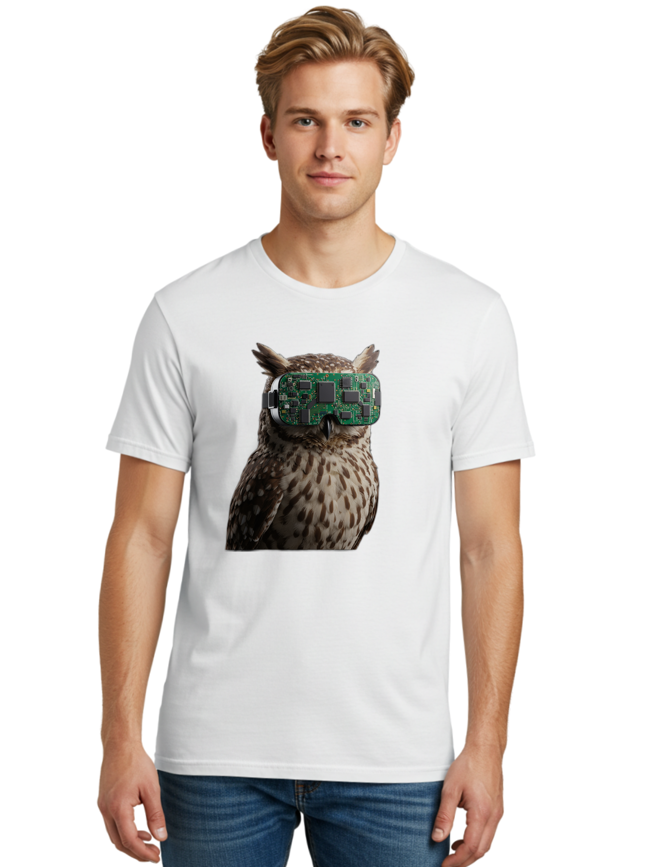 Owl-With-Circuit-Board-Vr-Goggles Men'S Graphic Tee, 100% Cotton, Comfortable Casual Summer Wear, Machine Washable, Vintage Camera, Old Camera, Antique Camera, Black Camera, Classic Photography, Photography Equipment, Nostalgic Device, Bal028