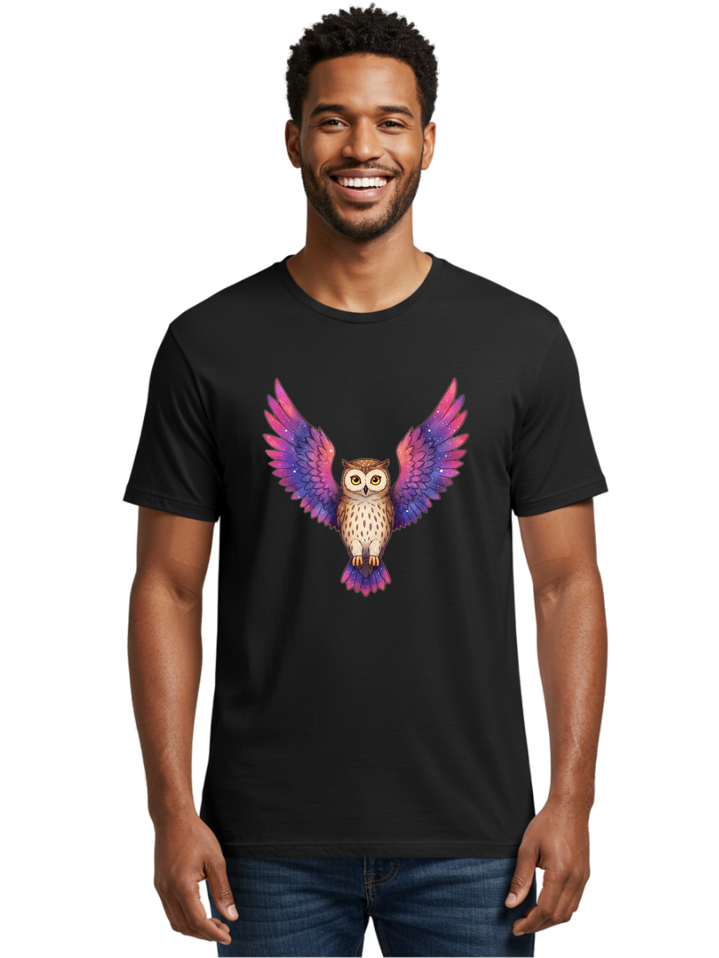 Owl-With-Galaxy-Wings-1 Men'S Graphic Tee, 100% Cotton, Comfortable Casual Summer Wear, Machine Washable, Vintage Camera, Old Camera, Antique Camera, Black Camera, Classic Photography, Photography Equipment, Nostalgic Device, Film Camera, Bal030