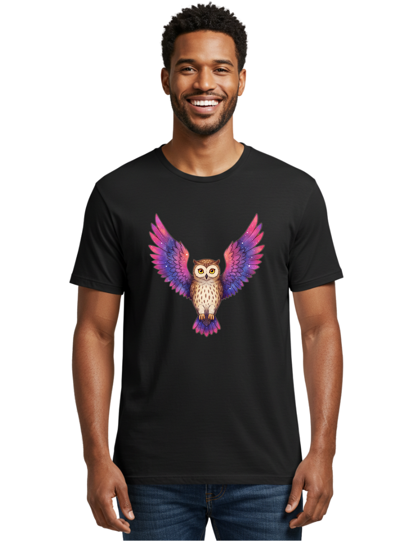 Owl-With-Galaxy-Wings-1 Men'S Graphic Tee, 100% Cotton, Comfortable Casual Summer Wear, Machine Washable, Vintage Camera, Old Camera, Antique Camera, Black Camera, Classic Photography, Photography Equipment, Nostalgic Device, Film Camera, Bal030