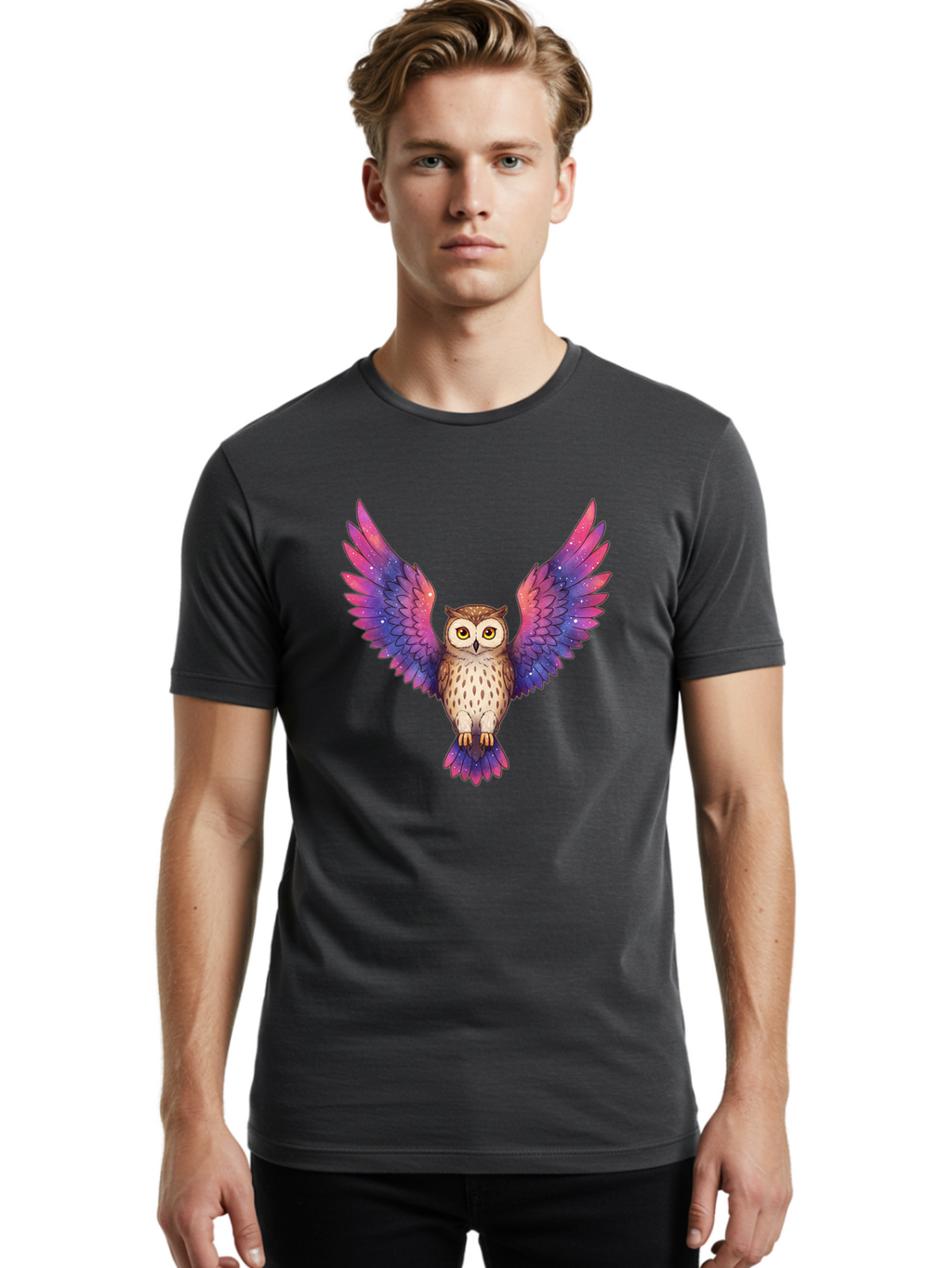 Owl-With-Galaxy-Wings-1 Men'S Graphic Tee, 100% Cotton, Comfortable Casual Summer Wear, Machine Washable, Vintage Camera, Old Camera, Antique Camera, Black Camera, Classic Photography, Photography Equipment, Nostalgic Device, Film Camera, Bal030