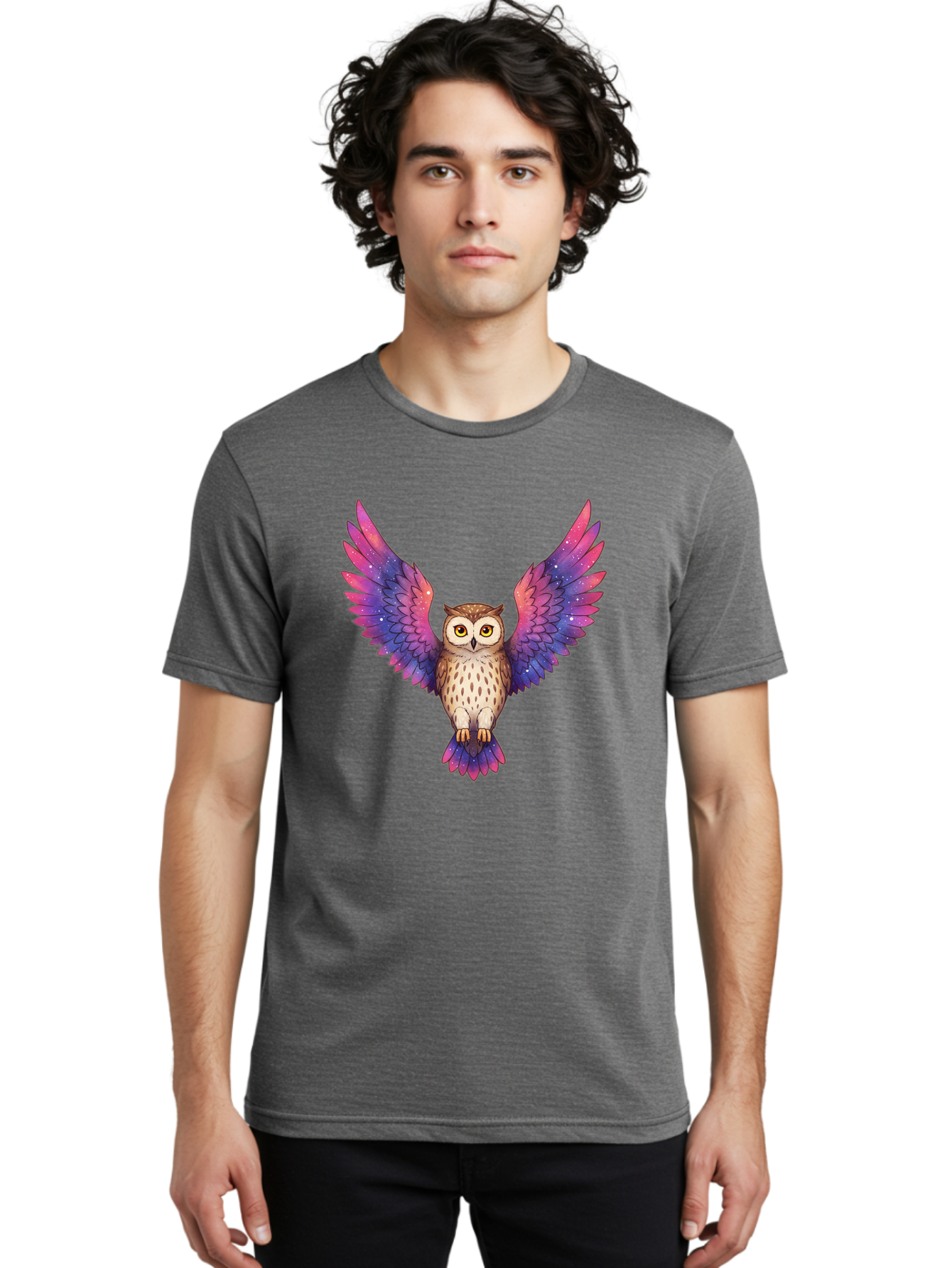 Owl-With-Galaxy-Wings-1 Men'S Graphic Tee, 100% Cotton, Comfortable Casual Summer Wear, Machine Washable, Vintage Camera, Old Camera, Antique Camera, Black Camera, Classic Photography, Photography Equipment, Nostalgic Device, Film Camera, Bal030