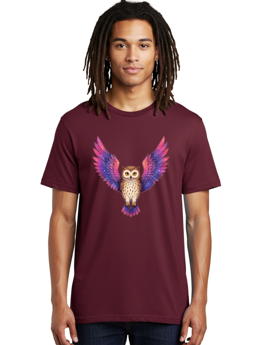 Owl-With-Galaxy-Wings-1 Men'S Graphic Tee, 100% Cotton, Comfortable Casual Summer Wear, Machine Washable, Vintage Camera, Old Camera, Antique Camera, Black Camera, Classic Photography, Photography Equipment, Nostalgic Device, Film Camera, Bal030